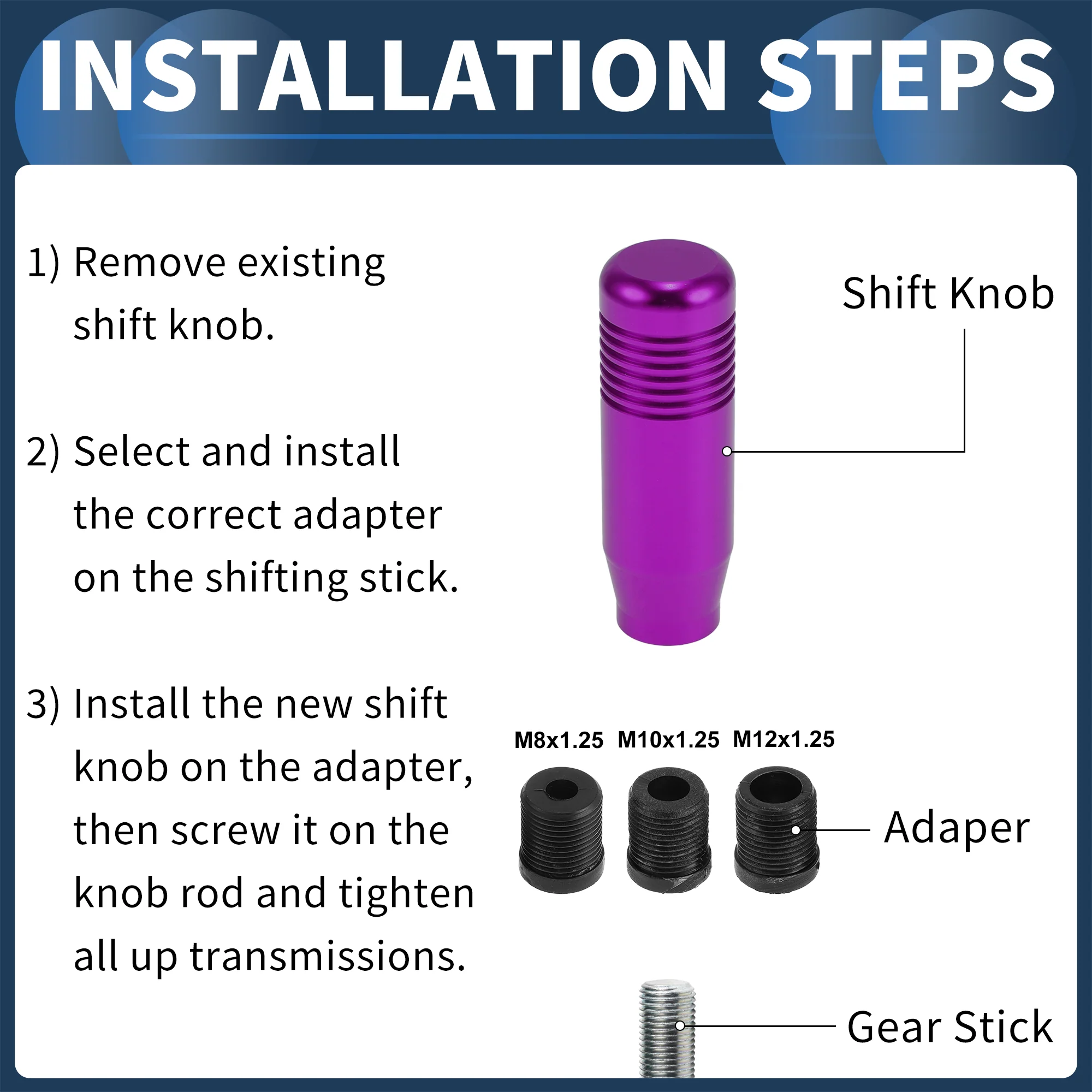 8.5cm Automatic and Manual Shift Knob with 3 Adapter Aluminum Alloy Purple 1 Set - Image 7