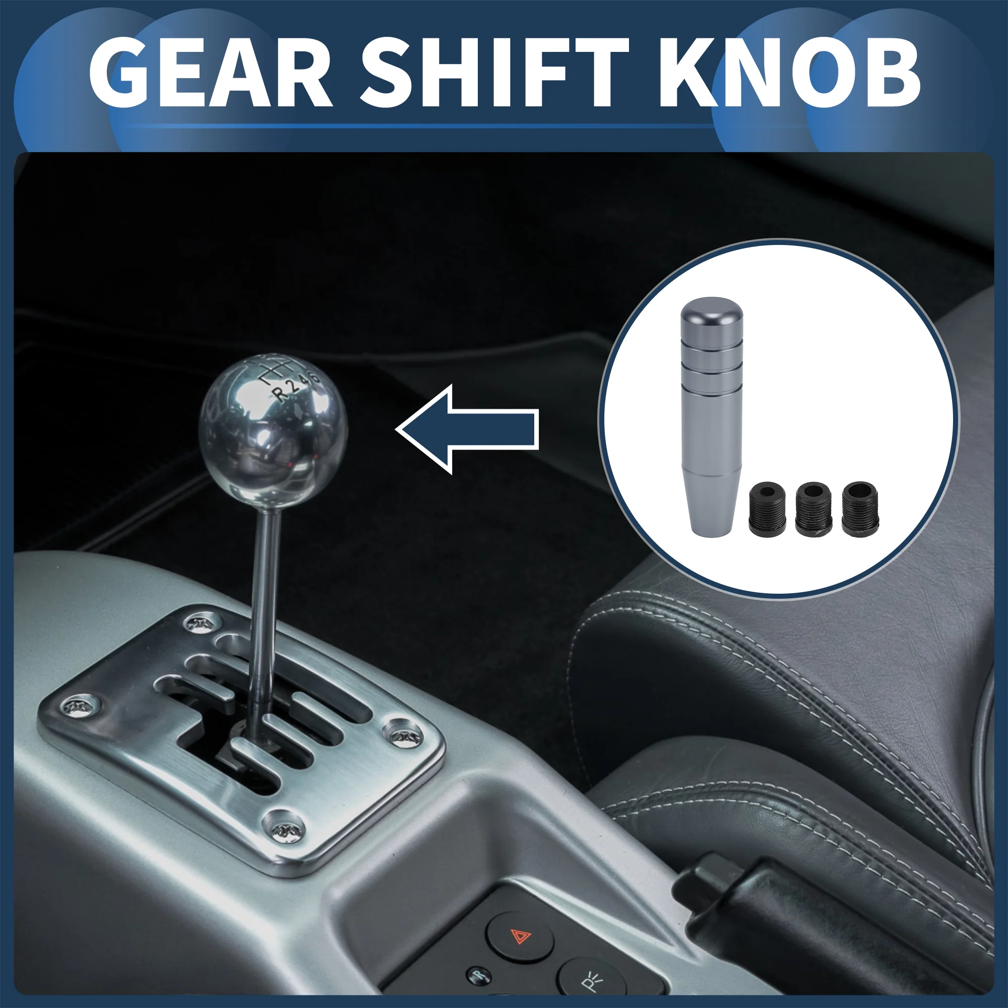 13cm Automatic and Manual Shift Knob with 3 Adapter Aluminum Alloy Gray 1 Set - Image 2