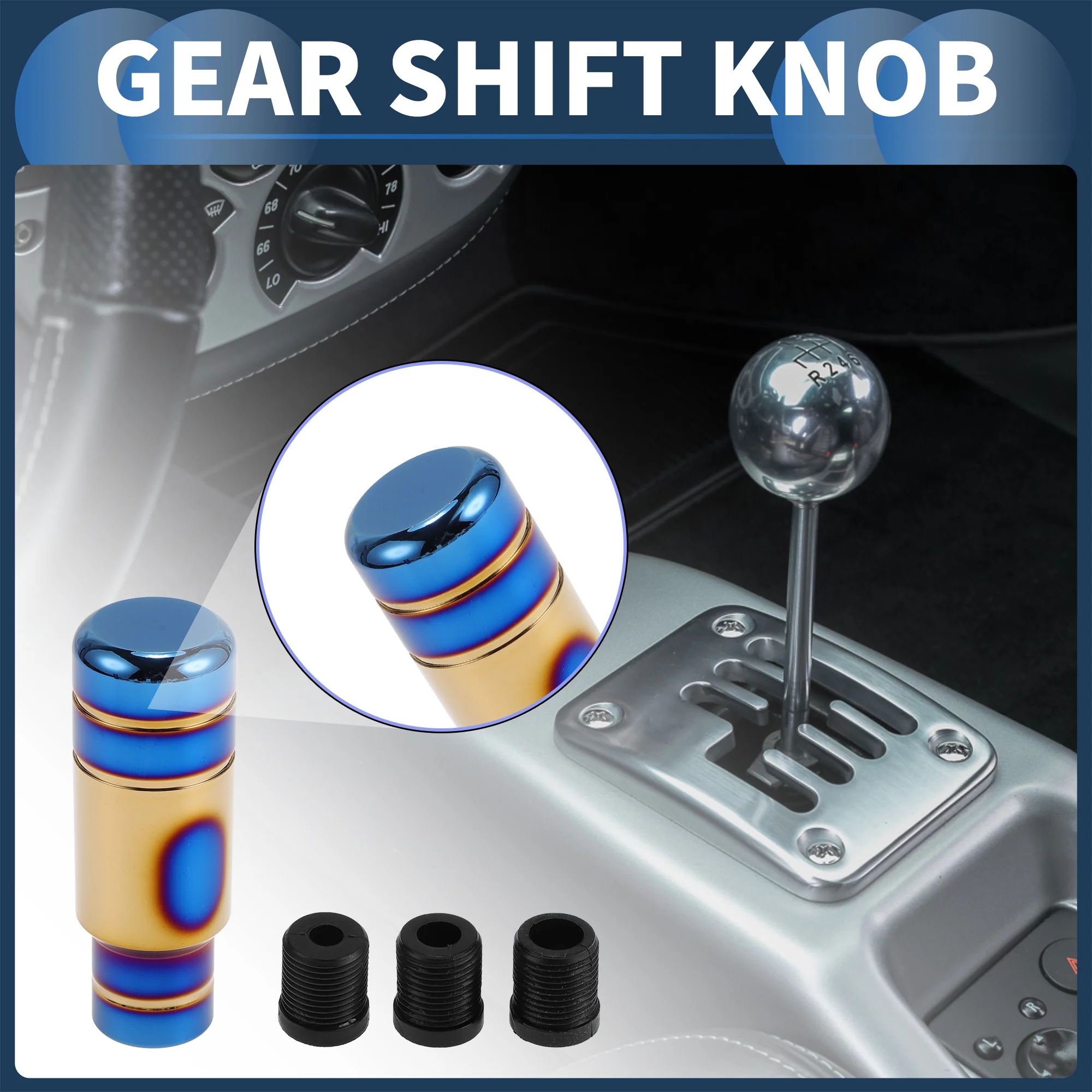 Car Shift Knob, 9cm Universal for Automatic and Manual Vehicle Gear Shifter Knob with 3 Adapter Aluminum Alloy Burnt Blue Gold Tone, 1 Set - Image 2