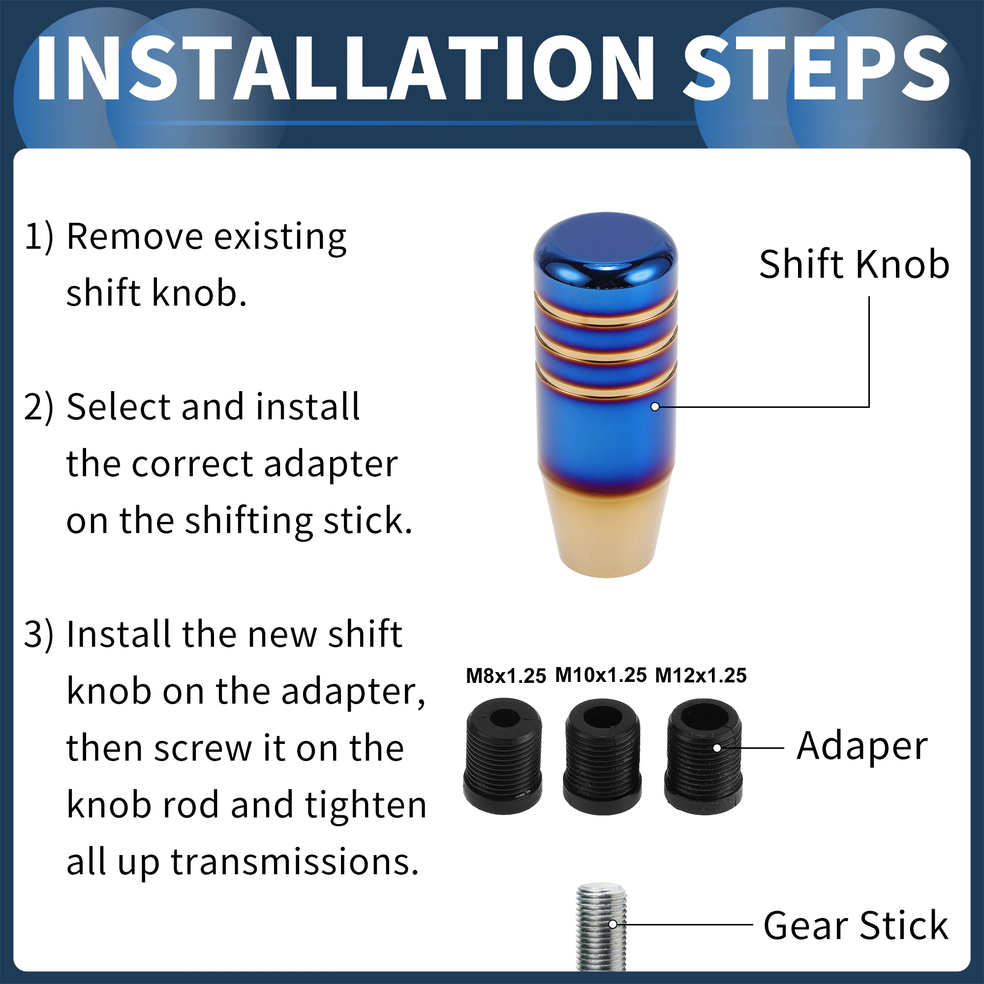 8.5cm Automatic Manual Shift Knob with 3 Adapter Aluminum Alloy Burnt Blue 1 Set - Image 6