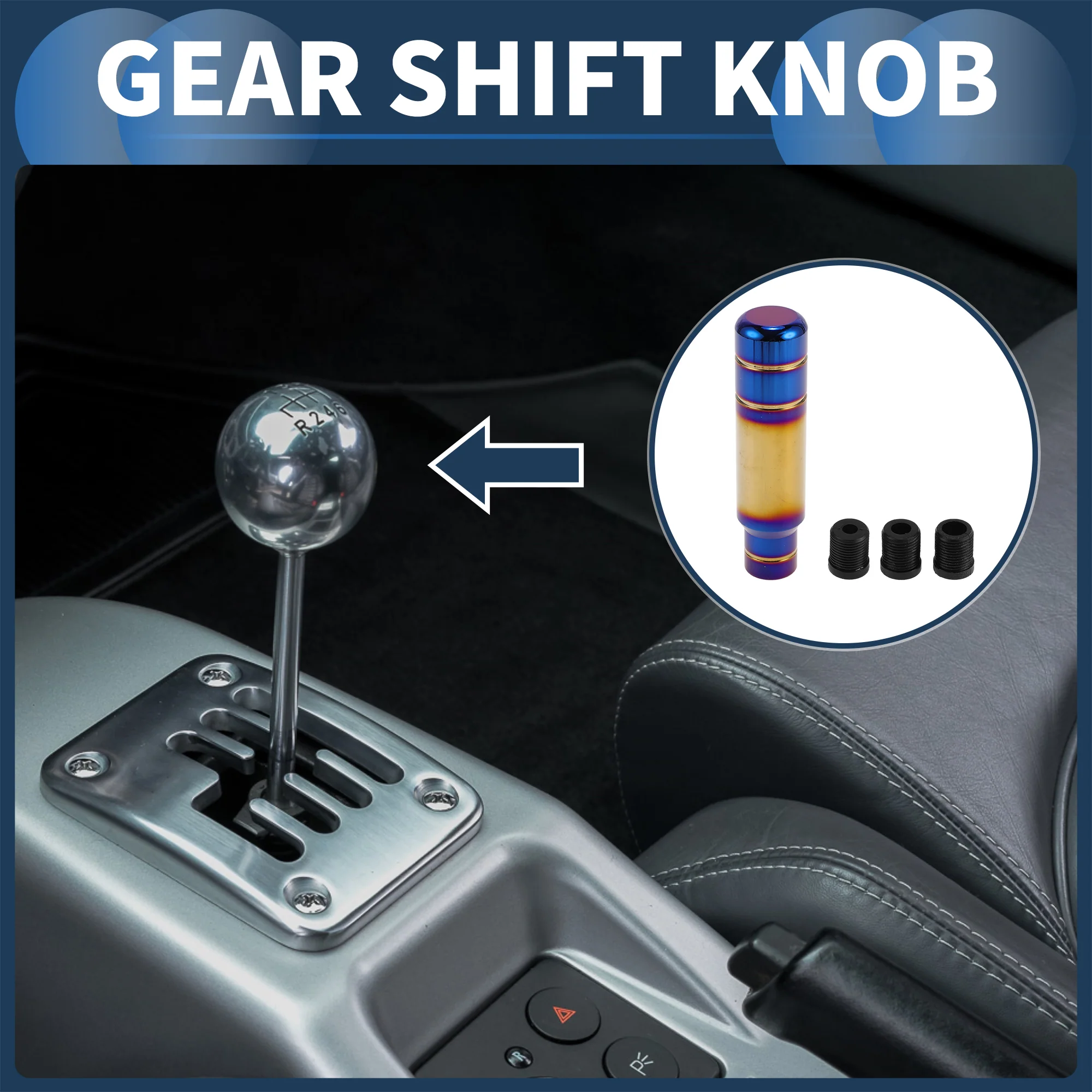 Car Shift Knob, 13cm Universal for Automatic and Manual Vehicle Gear Shifter Knob with 3 Adapter Aluminum Alloy Burnt Blue Gold Tone, 1 Set - Image 3