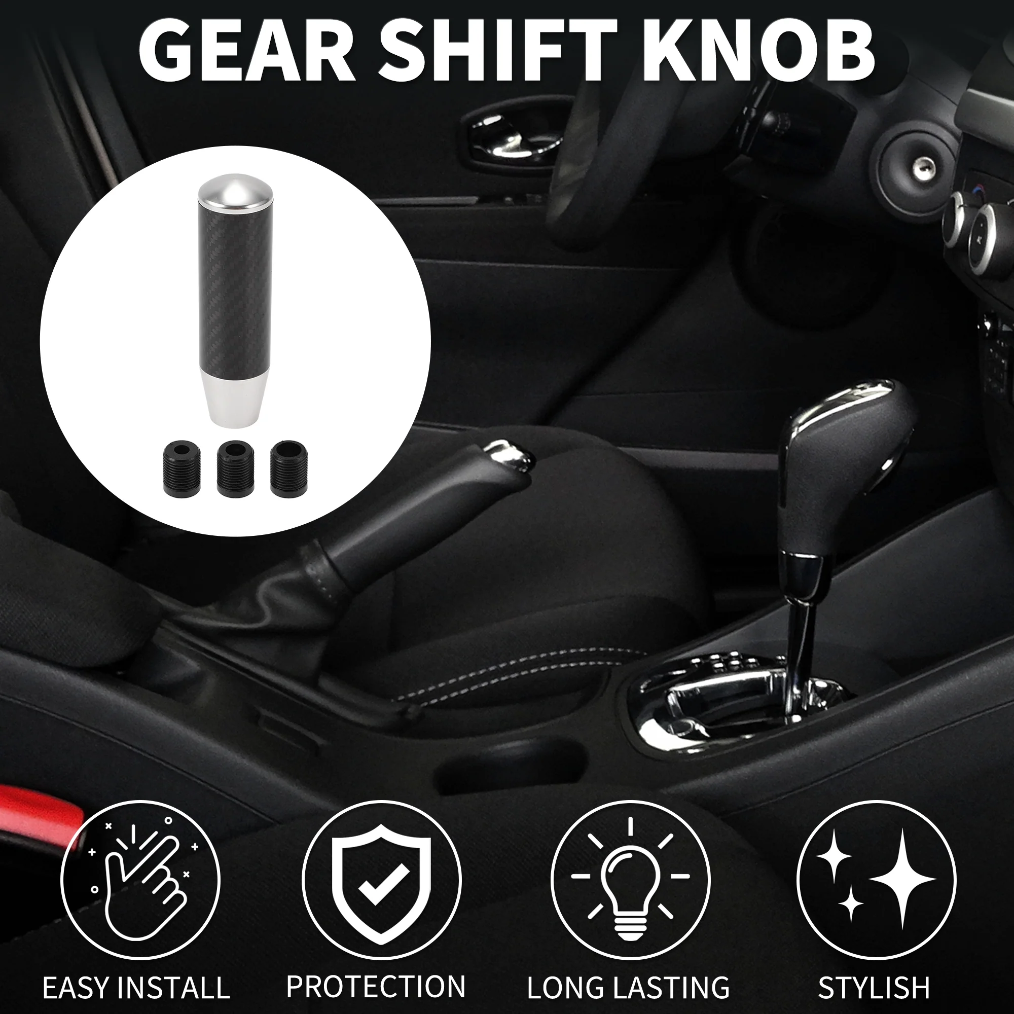 13cm Automatic Manual Shift Knob with 3 Adapter Aluminum Alloy Silver Tone 1Set - Image 2