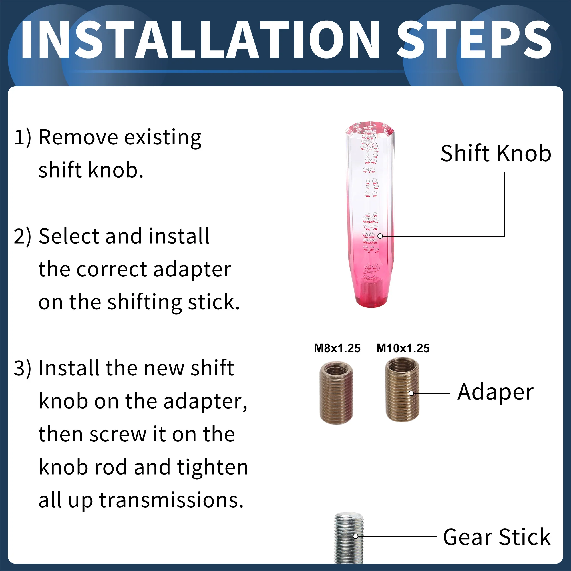 20cm Automatic and Manual Shift Knob with 2 Adapter Acrylic Clear Pink 1 Set - Image 4