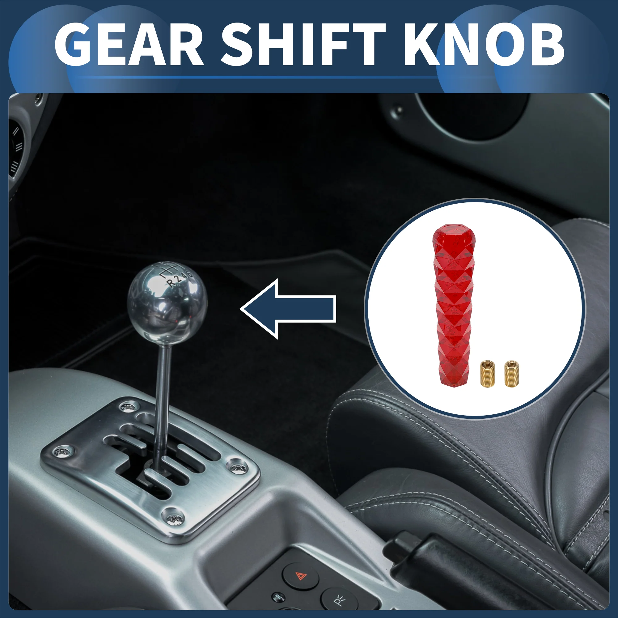 20cm Diamond Pattern Crystal Gear Shift Knob with 2 Adapter Acrylic Red 1 Set - Image 2