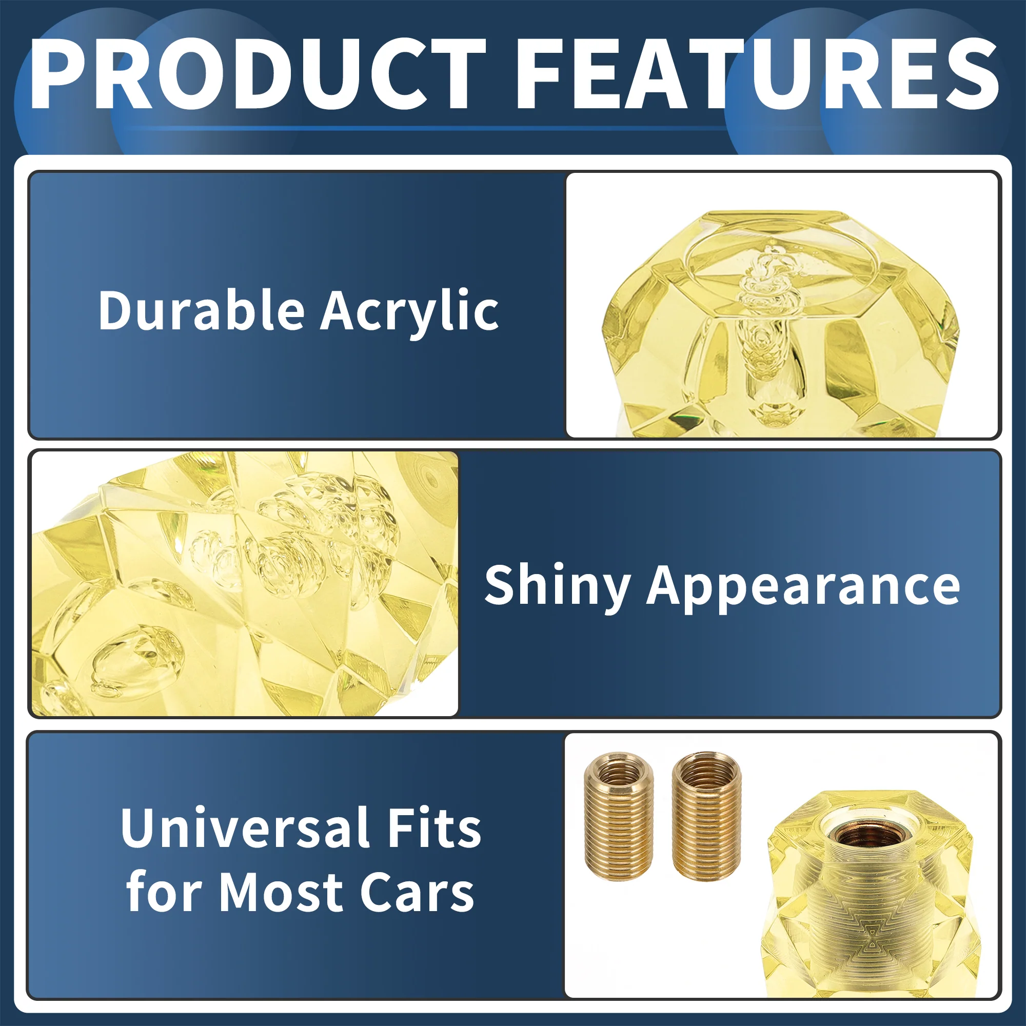 10cm Diamond Pattern Crystal Shift Knob with 2 Adapter Acrylic Yellow 1 Set - Image 4