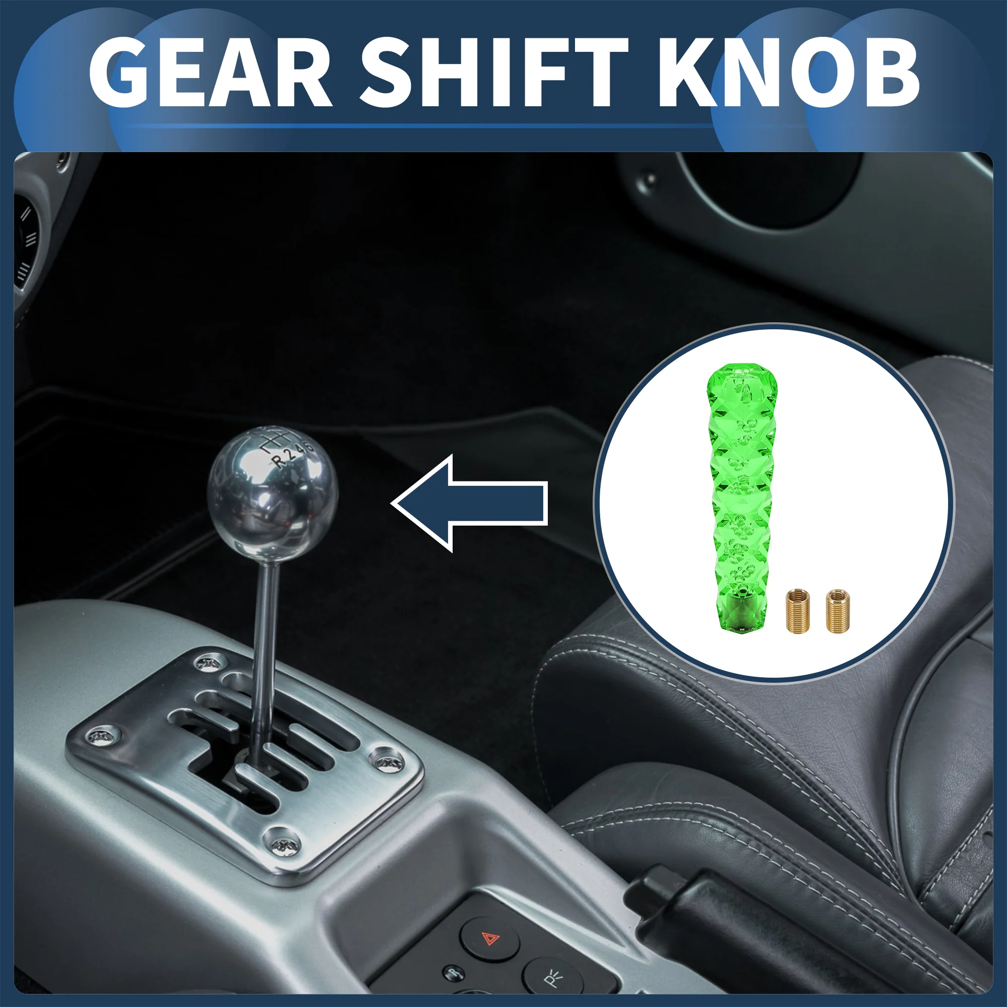 20cm Diamond Pattern Crystal Shift Knob with 2 Adapter Acrylic Green 1 Set - Image 2