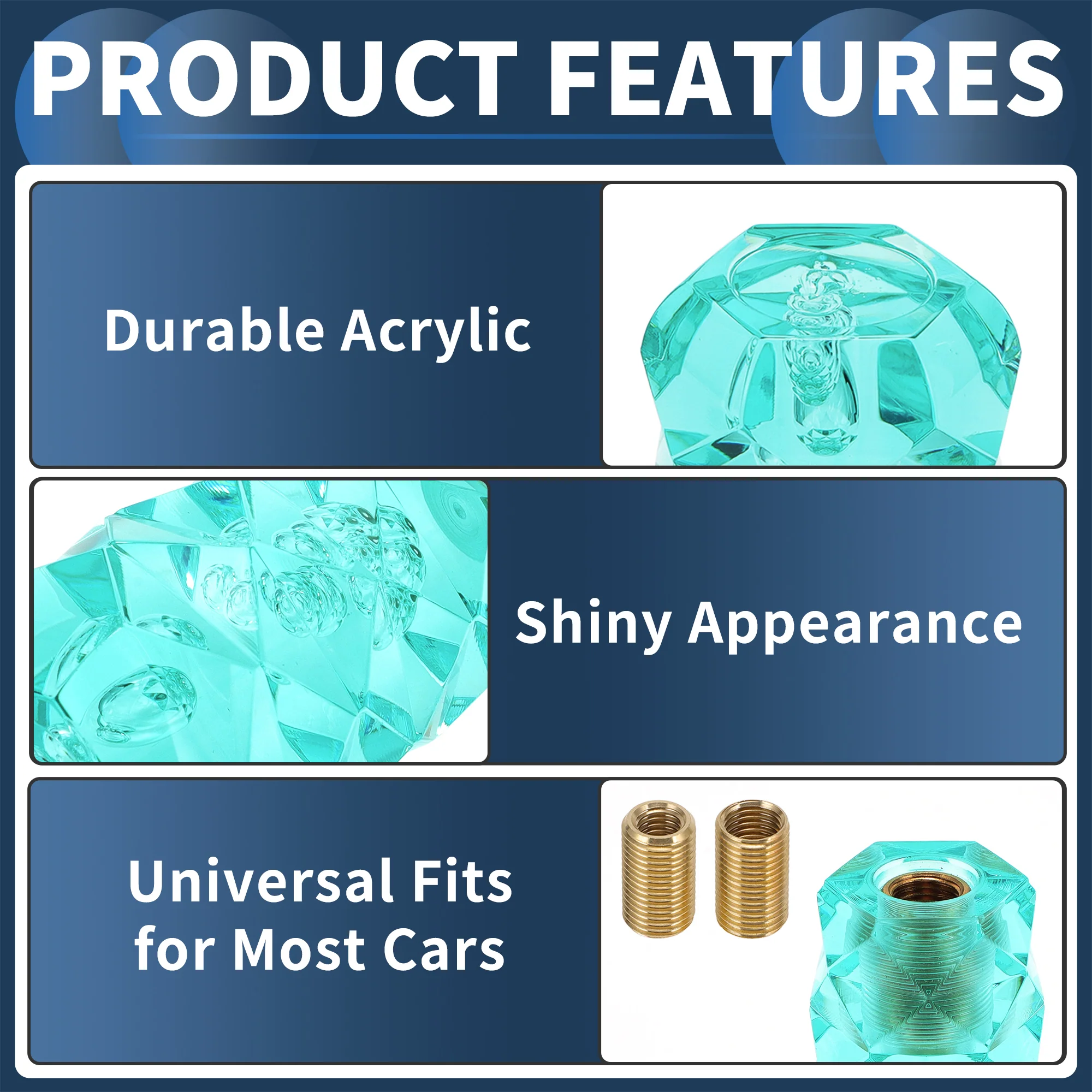 20cm Diamond Pattern Crystal Gear Shift Knob with 2 Adapter Acrylic Blue 1 Set - Image 4