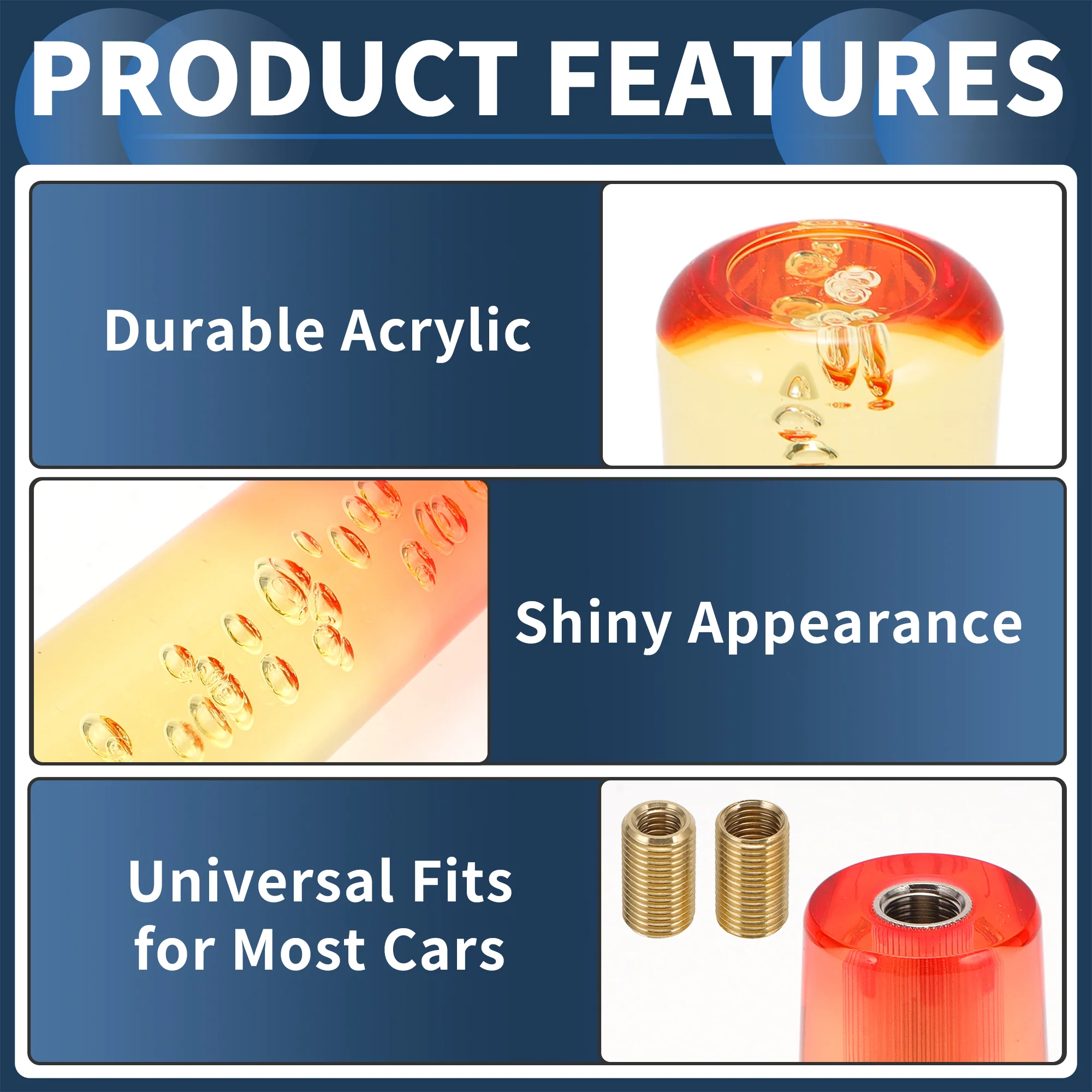 15cm Round Crystal Gear Shift Knob with 2 Adapter Acrylic Yellow Red 1 Set - Image 4