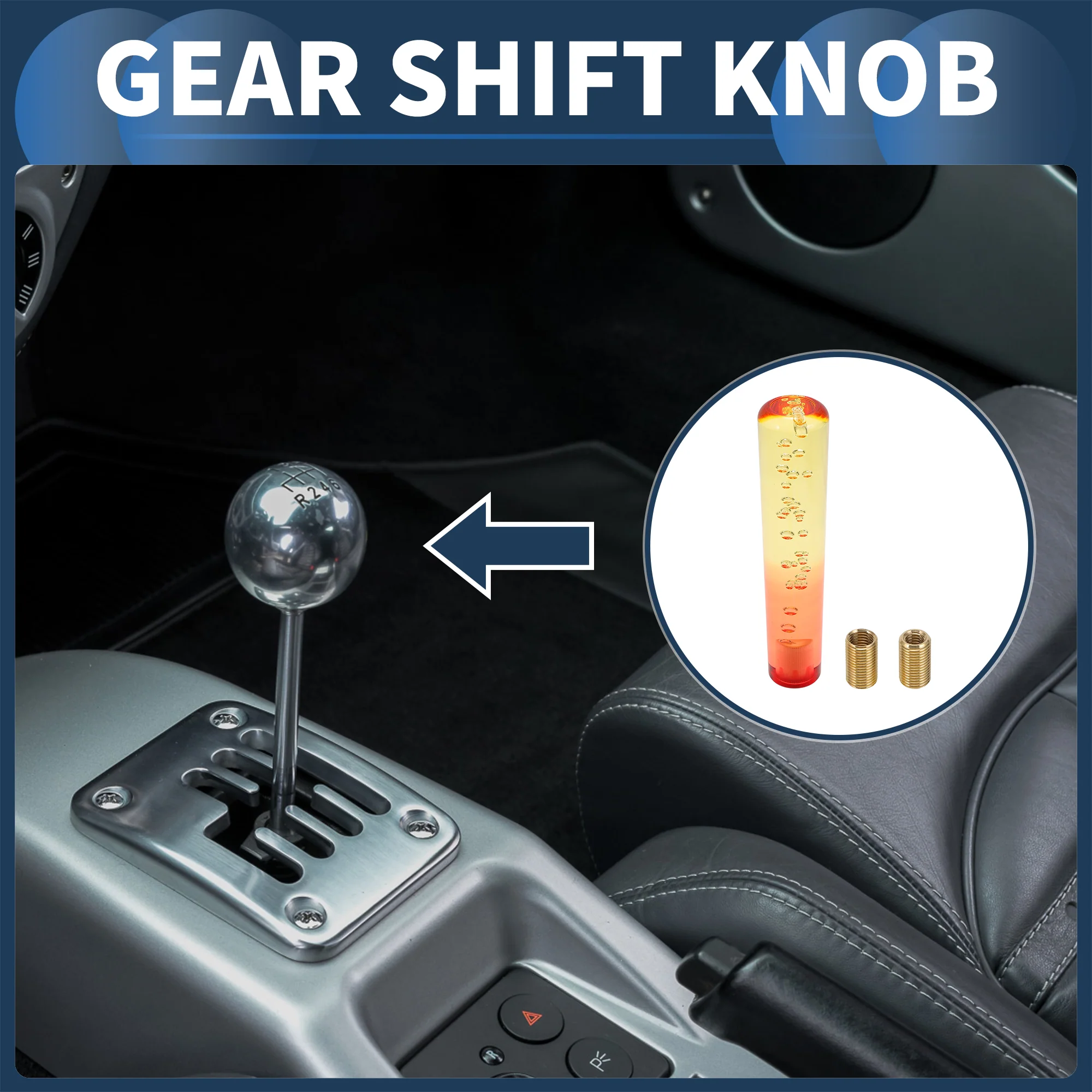 20cm Round Crystal Gear Shift Knob with 2 Adapter Acrylic Yellow Red 1 Set - Image 2