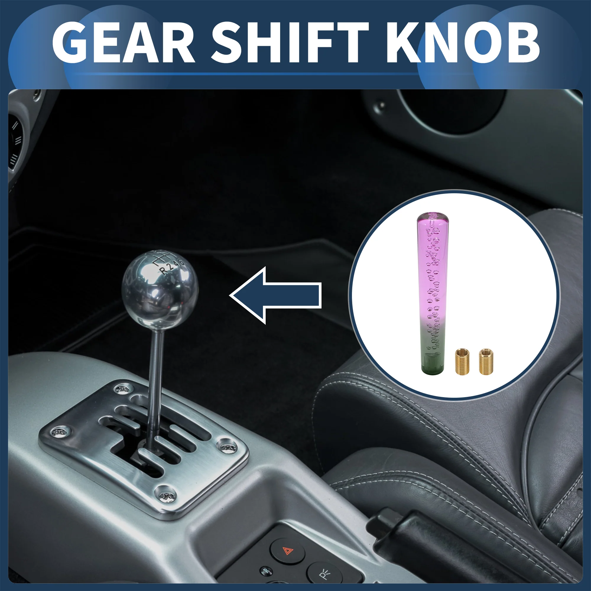 25cm Round Crystal Gear Shift Knob with 2 Adapter Acrylic Purple Green 1 Set - Image 2