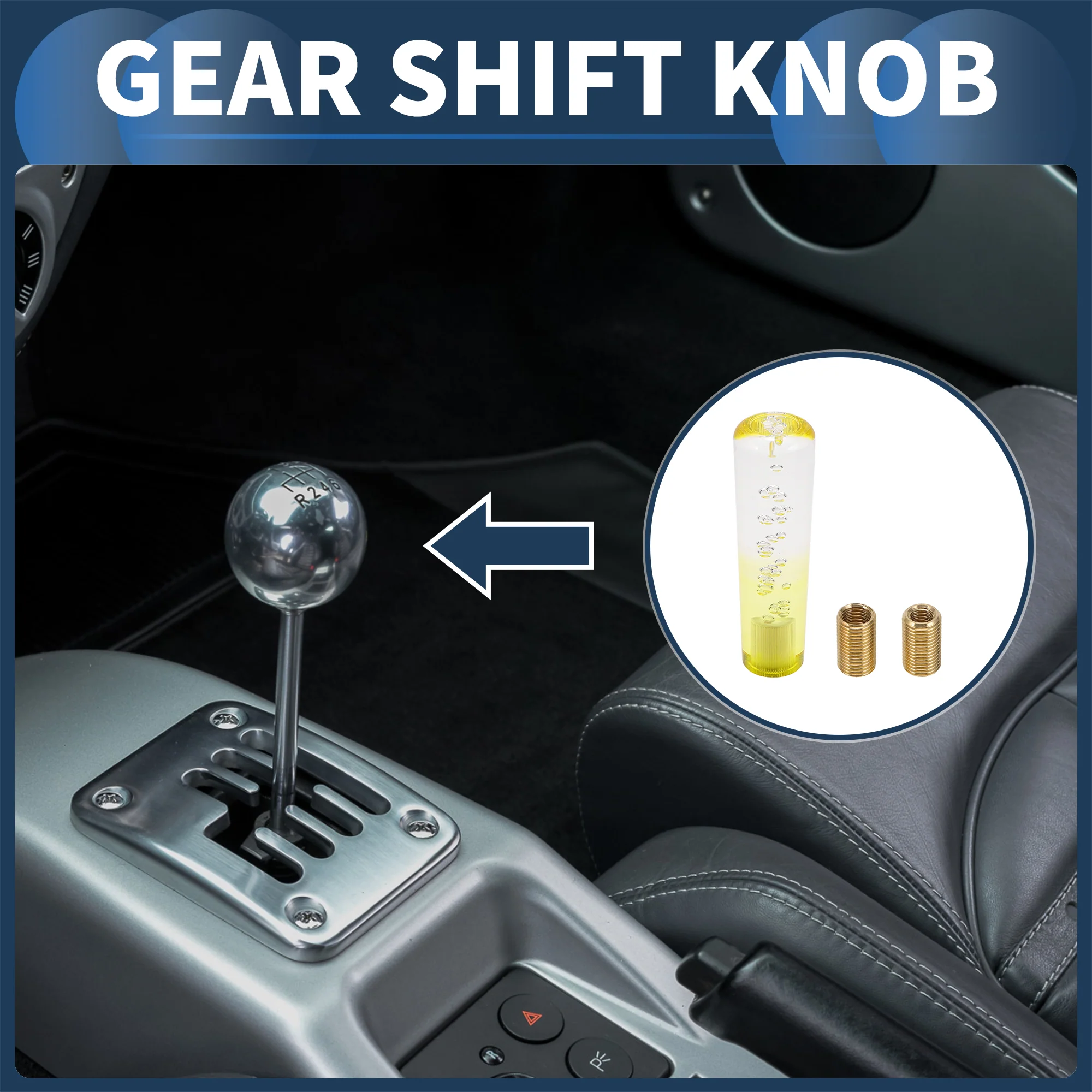 15cm Round Crystal Gear Shift Knob with 2 Adapter Acrylic Clear Yellow 1 Set - Image 2
