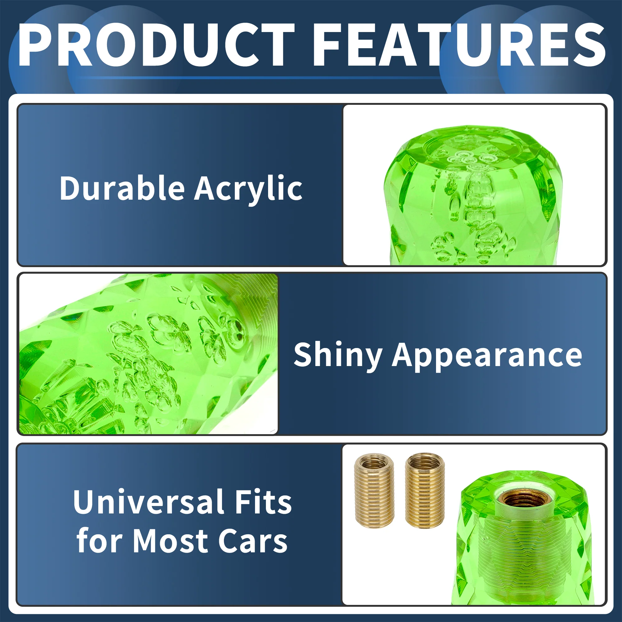 10cm Automatic and Manual Gear Shifter Knob with 2 Adapter Acrylic Green 1Set - Image 4