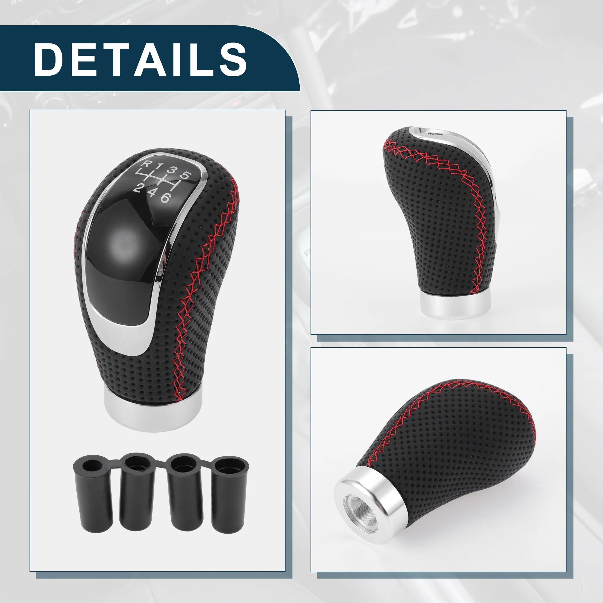 9.5cm 6 Speed Manual Shift Knob with 4 Adapter PU Leather Black Red 1 Set - Image 4