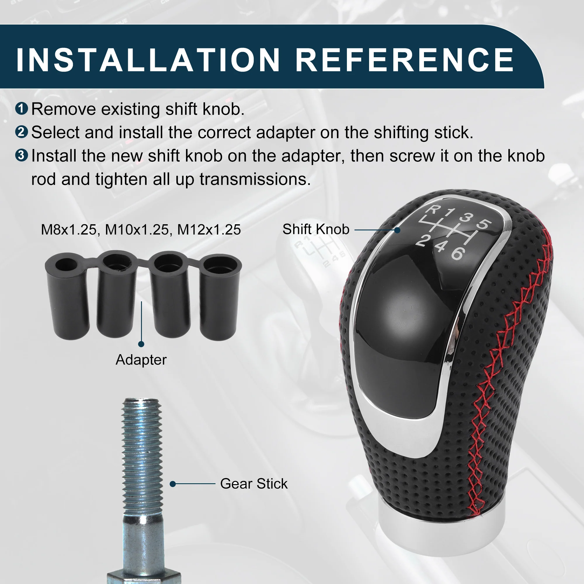 9.5cm 6 Speed Manual Shift Knob with 4 Adapter PU Leather Black Red 1 Set - Image 6