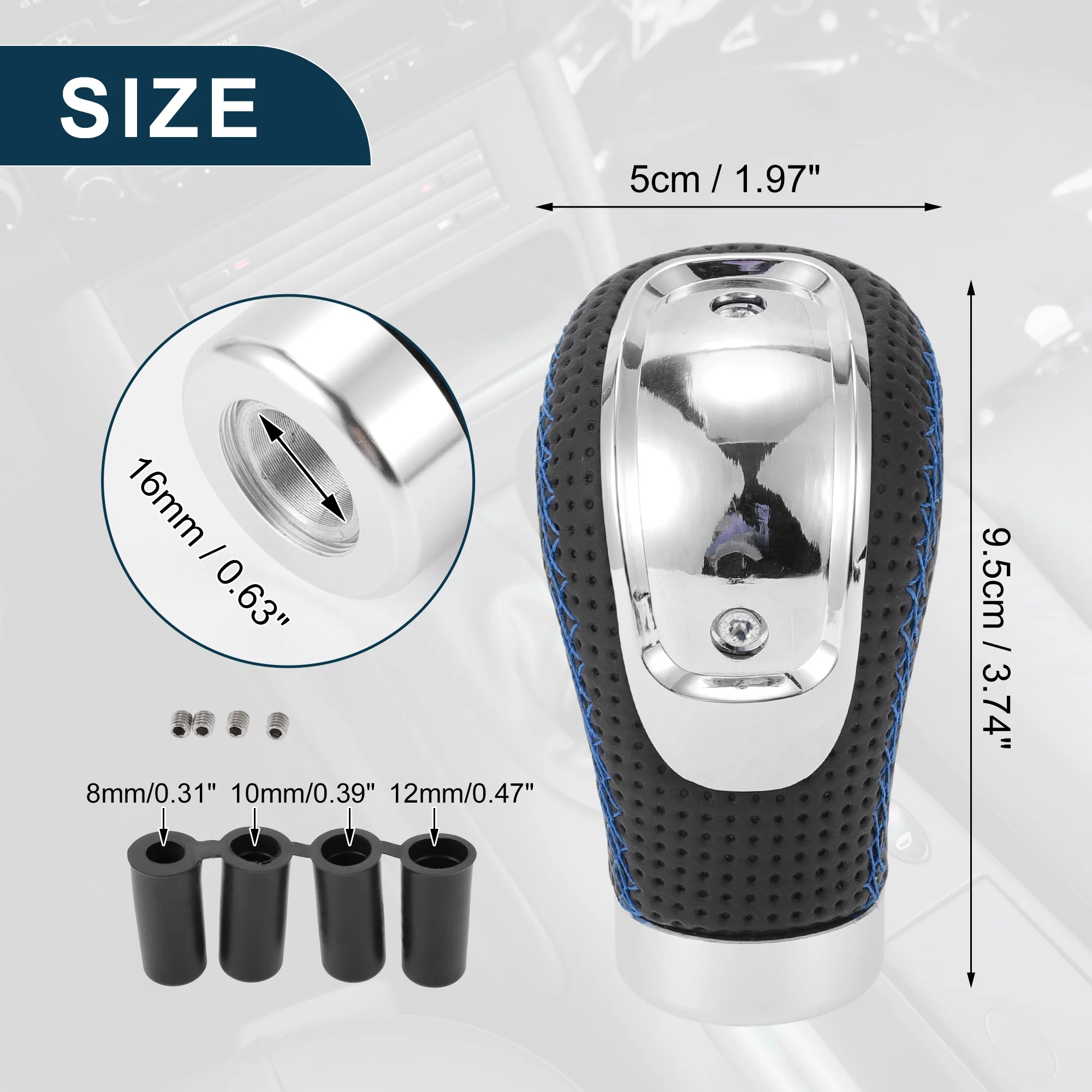 9.5cm 6 Speed Manual Shift Knob with 4 Adapter PU Leather Black Blue 1 Set - Image 5