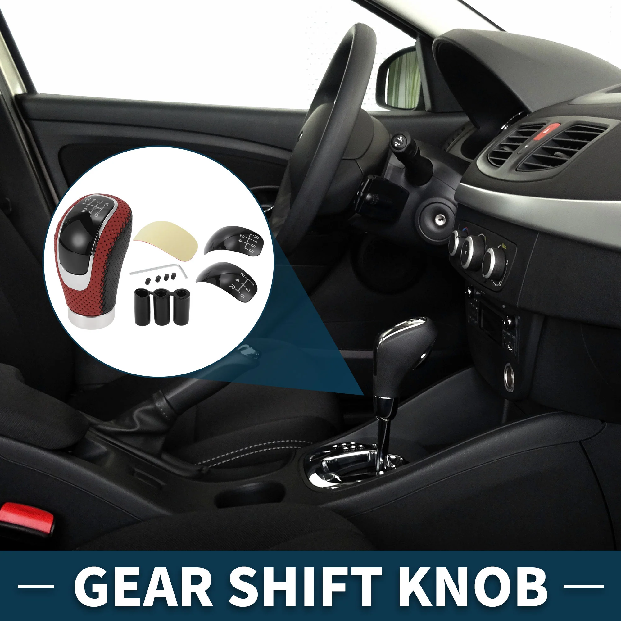 Universal Shift Knob, Gear Shifter Knob with 3 Adapter for 6 Speed Manual Transmission Vehicle, 9.5cm, PU Leather, Black, 1 Set - Image 2