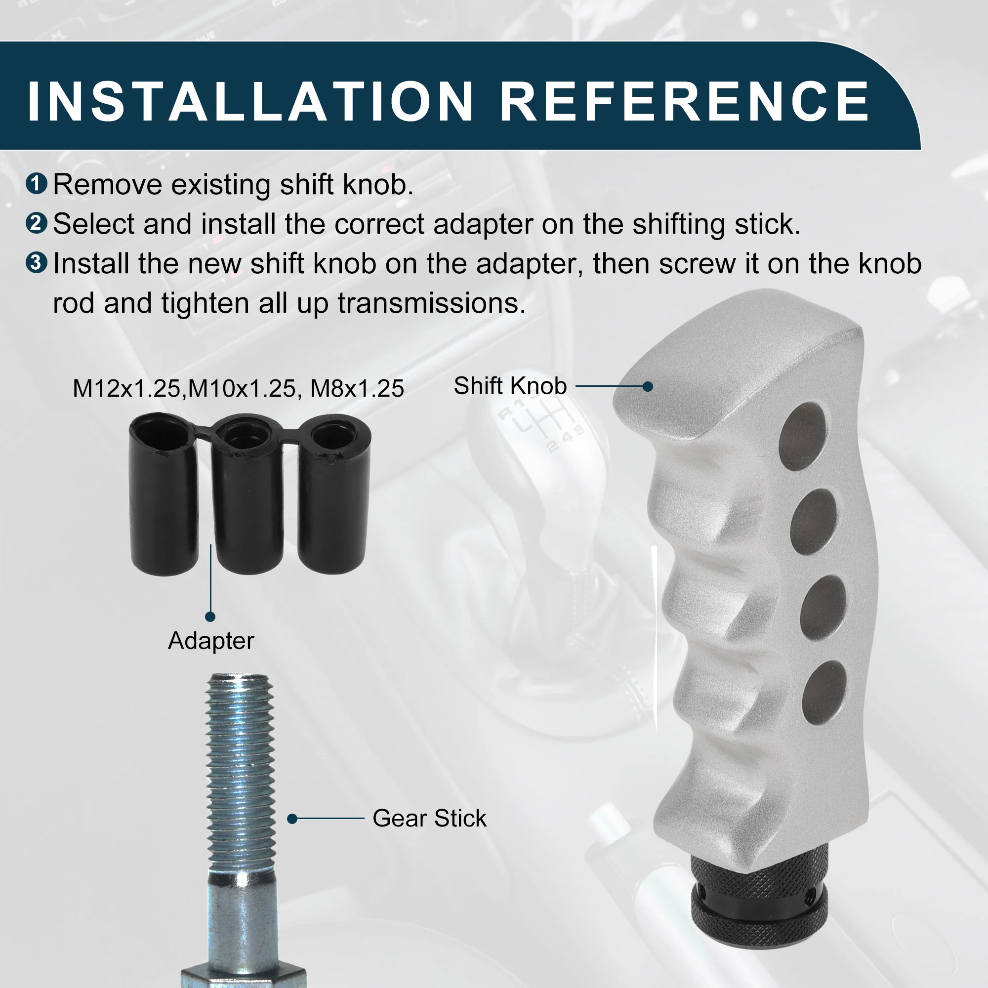 Car Shift Knob 12.5x5cm Durable | Front Shift Lever Knob Universal for Automatic and Manual Vehicle Acrylic Silver Tone with 3 Adapter 1 Set - Image 7