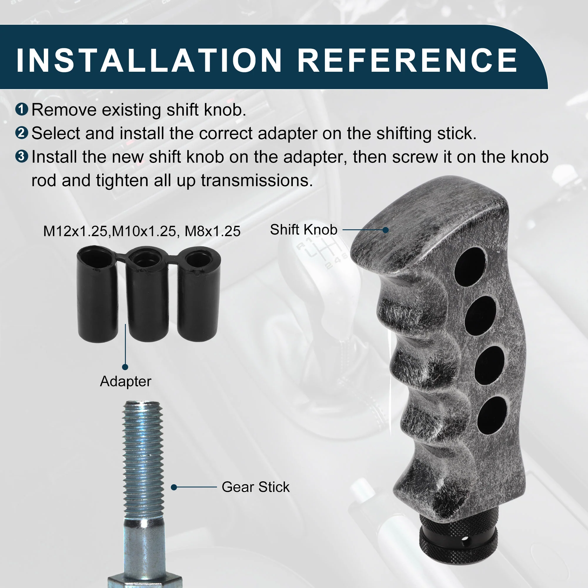Car Shift Knob 12.5x5cm Durable | Front Shift Lever Knob Universal for Automatic and Manual Vehicle Acrylic Titanium Tone with 3 Adapter 1 Set - Image 7