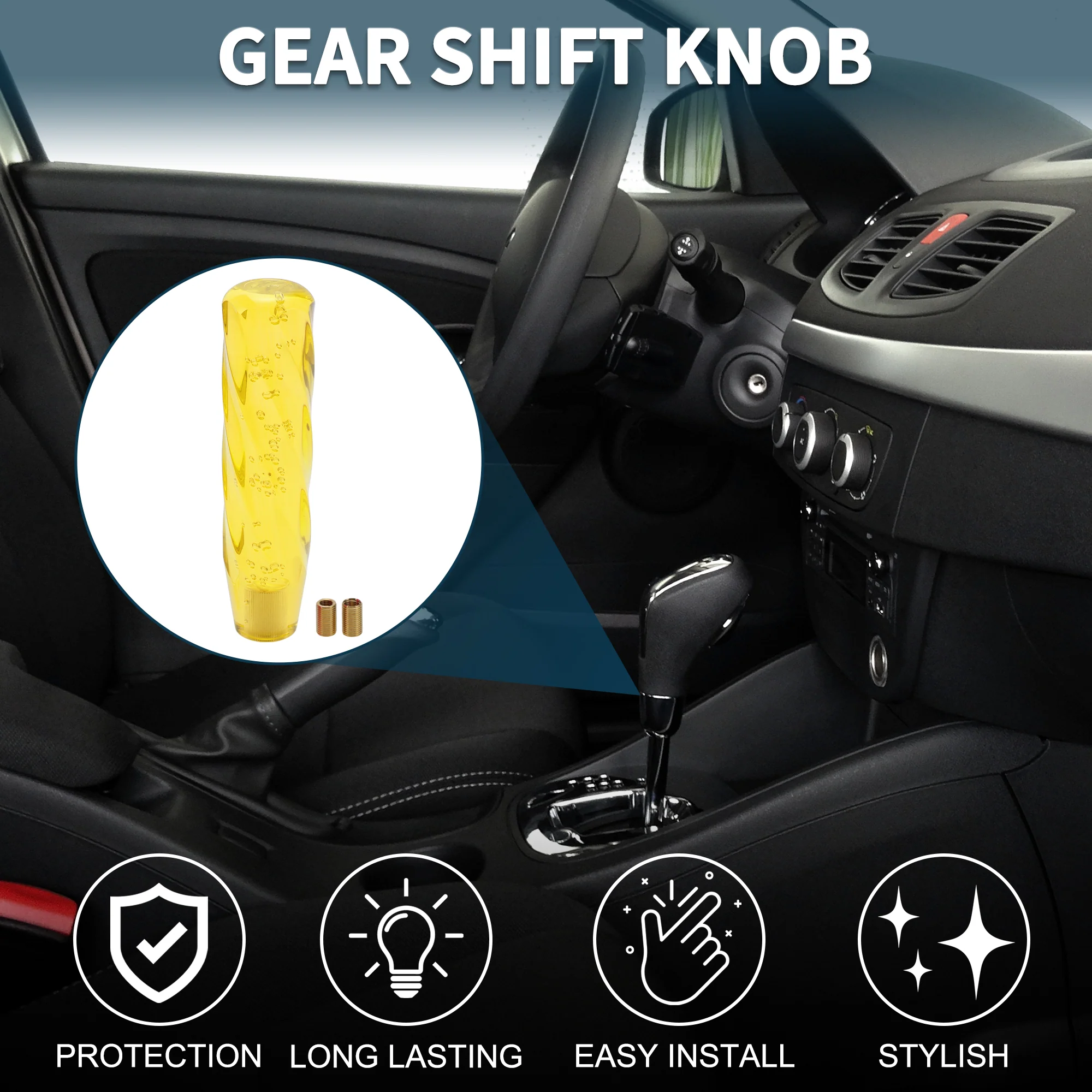 20cm Automatic and Manual Universal Shift Knob w/ 2 Adapter Acrylic Yellow 1 Set - Image 2