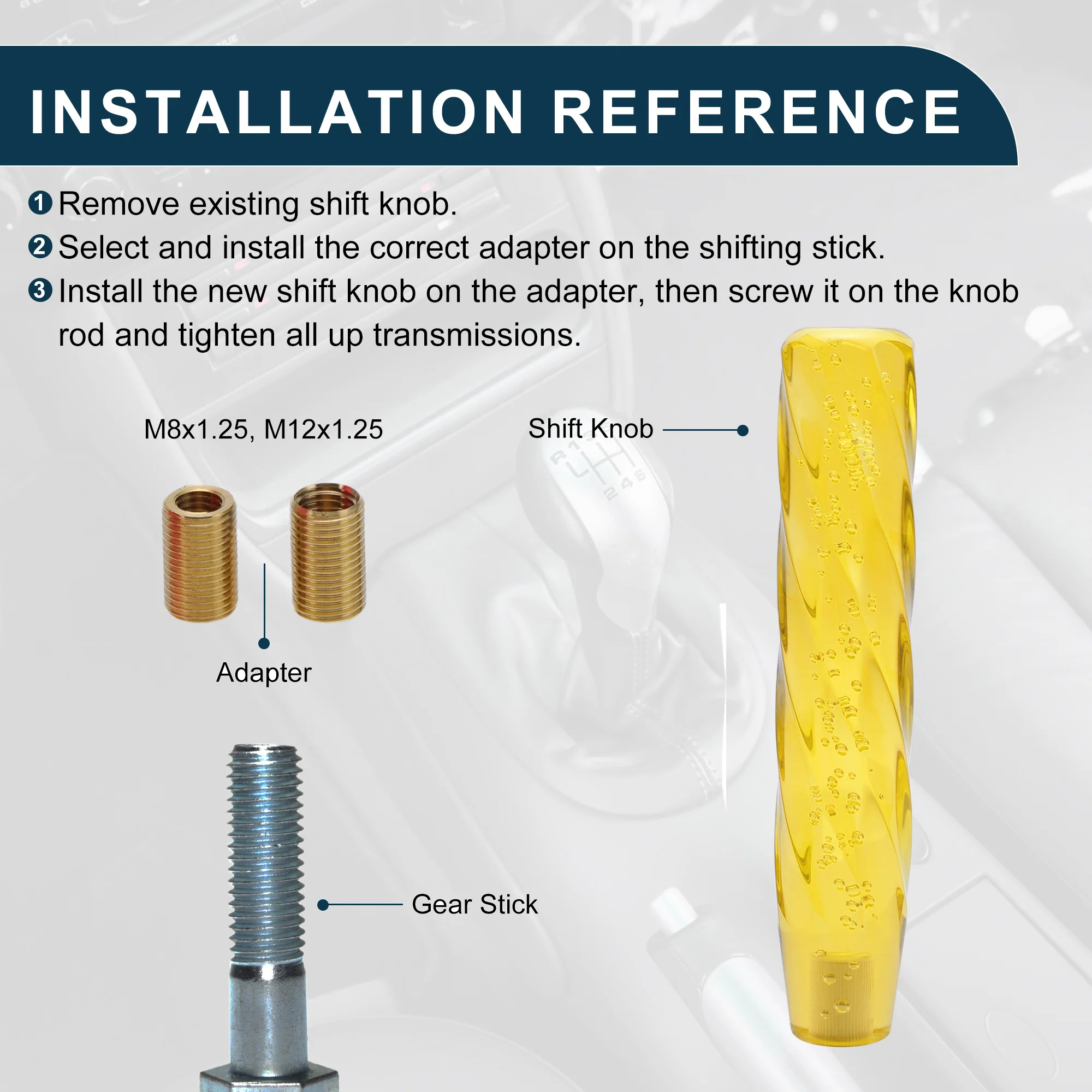 25cm Automatic and Manual Universal Shift Knob w/ 2 Adapter Acrylic Yellow 1 Set - Image 6