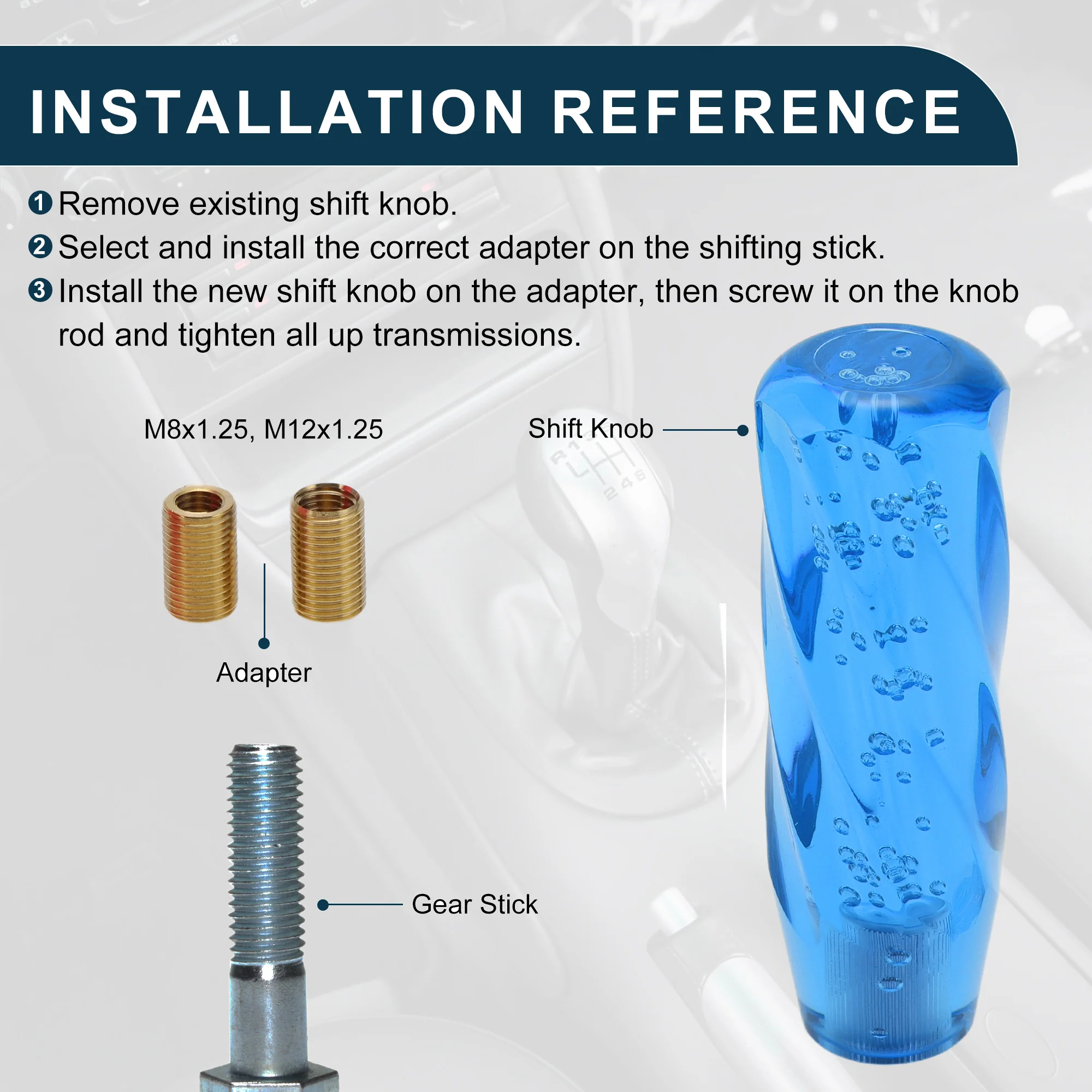 15cm Automatic and Manual Universal Shift Knob w/ 2 Adapter Acrylic Blue 1 Set - Image 6
