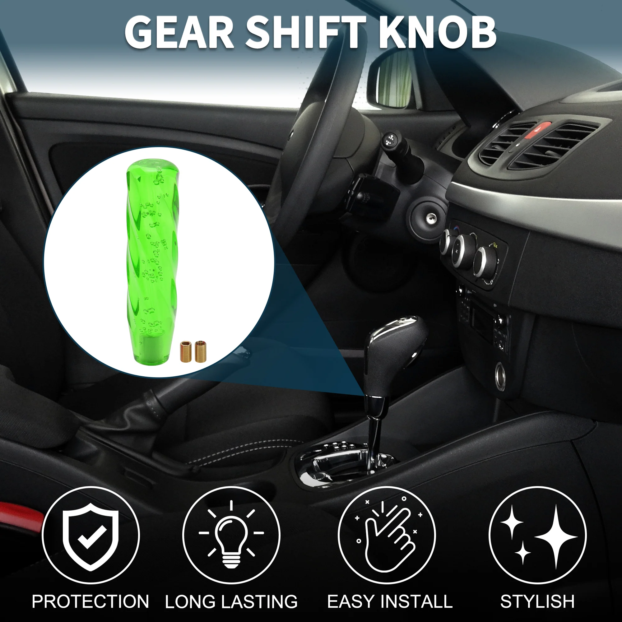 20cm Automatic and Manual Universal Shift Knob w/ 2 Adapter Acrylic Green 1 Set - Image 2