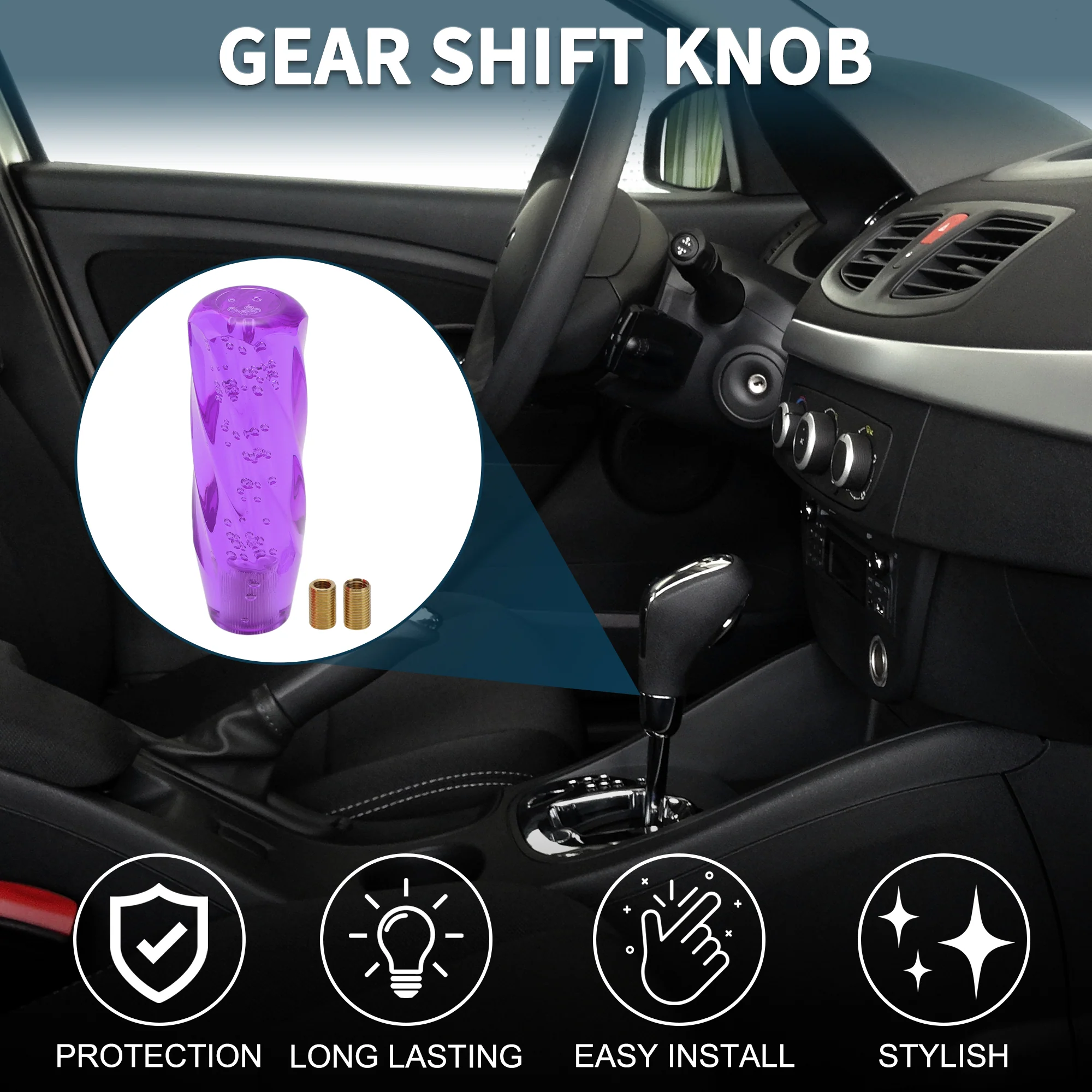 15cm Automatic and Manual Universal Shift Knob w/ 2 Adapter Acrylic Purple 1 Set - Image 2