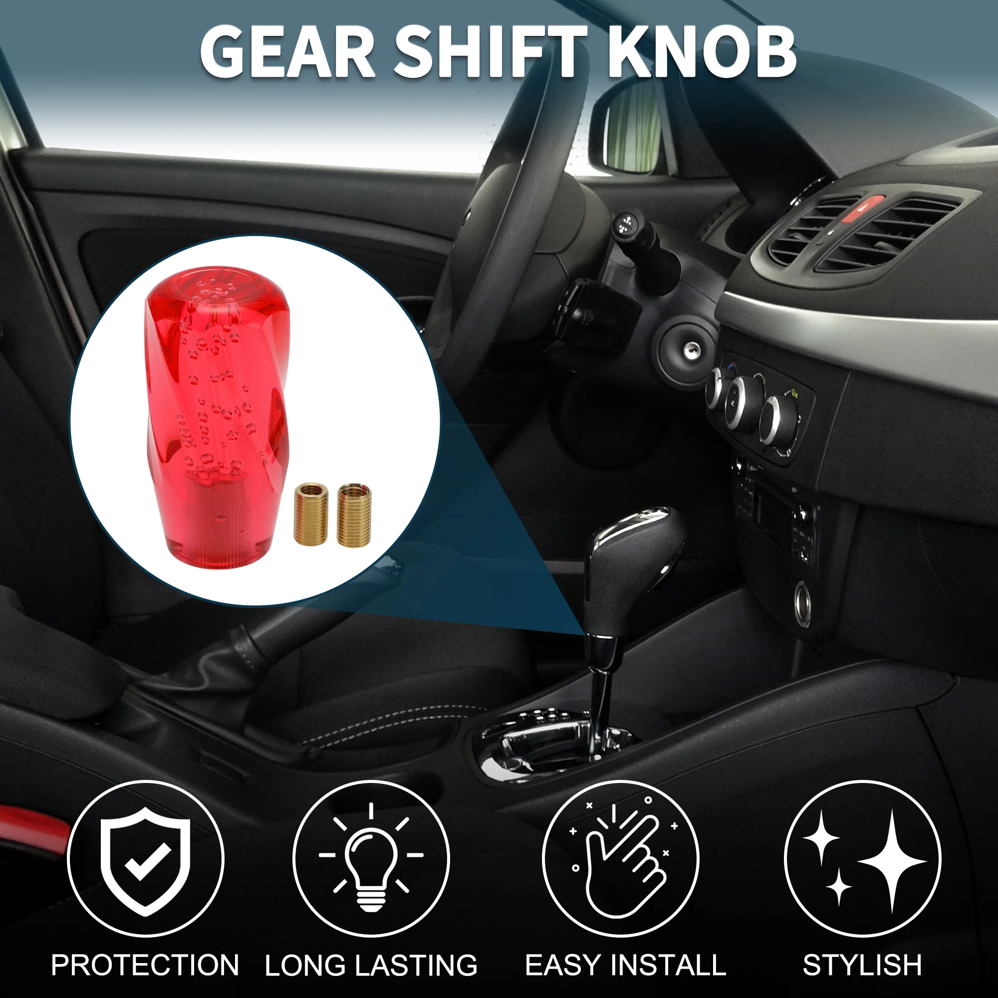 10cm Automatic and Manual Universal Shift Knob w/ 2 Adapter Acrylic Red 1 Set - Image 2