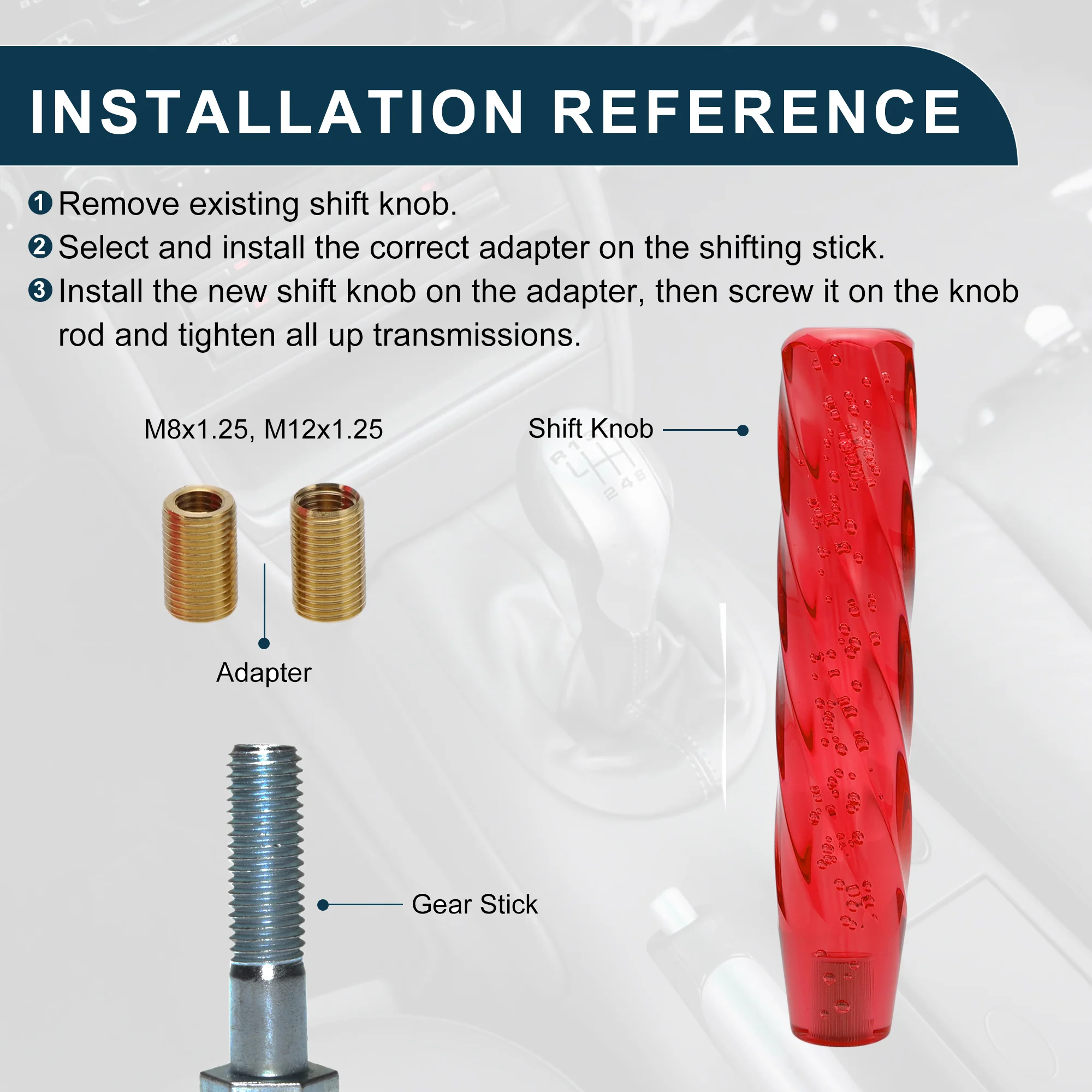 25cm Automatic and Manual Universal Shift Knob w/ 2 Adapter Acrylic Red 1 Set - Image 6