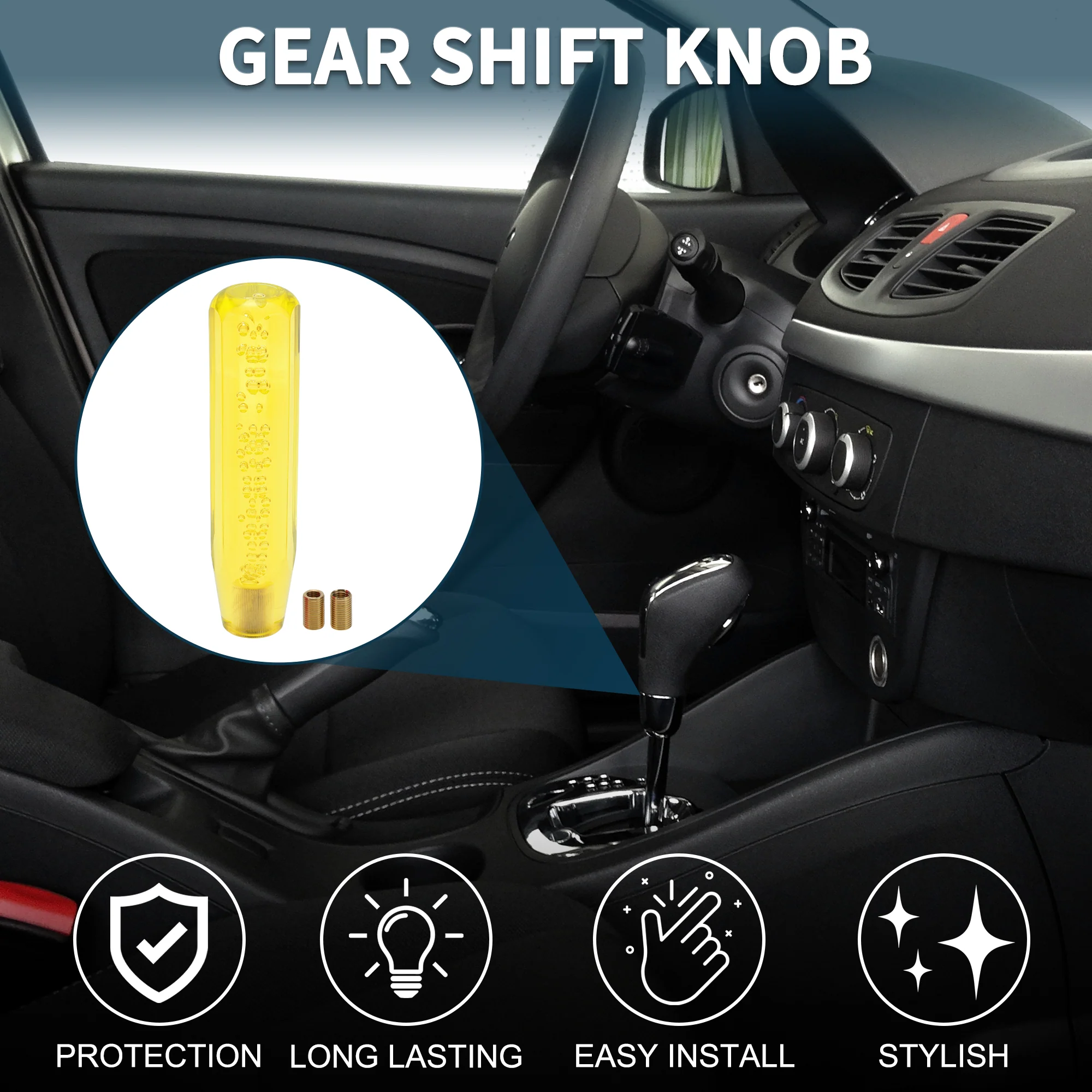 20cm Automatic and Manual Universal Shift Knob w/ 2 Adapters Acrylic Yellow 1Set - Image 2