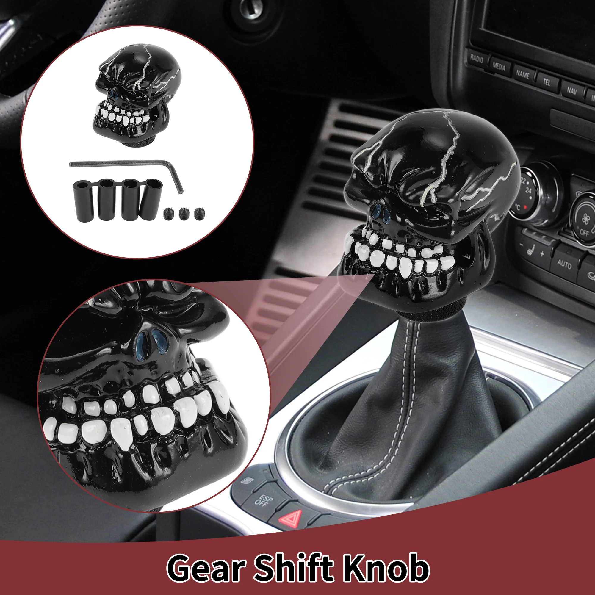 Skull Shift Knob Universal Gear Shifter Knob Resin Stick Shifter Lever Knob for Automatic and Manual Vehicle with 4 Adapter Black 1 Set - Image 2