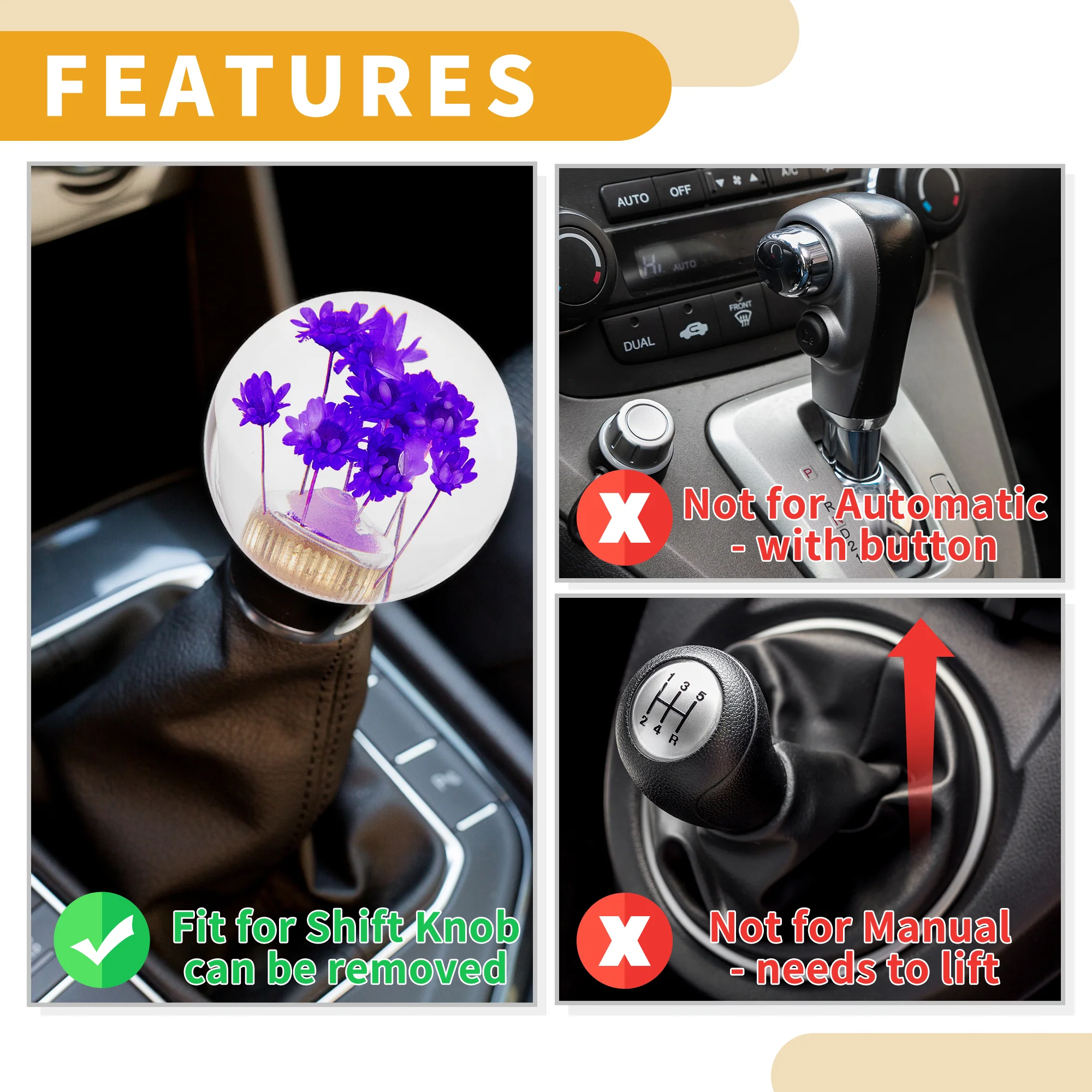 1 Set 5.4cm Universal Flower Shift Knob - Car Gear Shifter Knob Round Ball with 3 Adapter for Automatic and Manual Vehicle - Faux Crystal Purple - Image 7