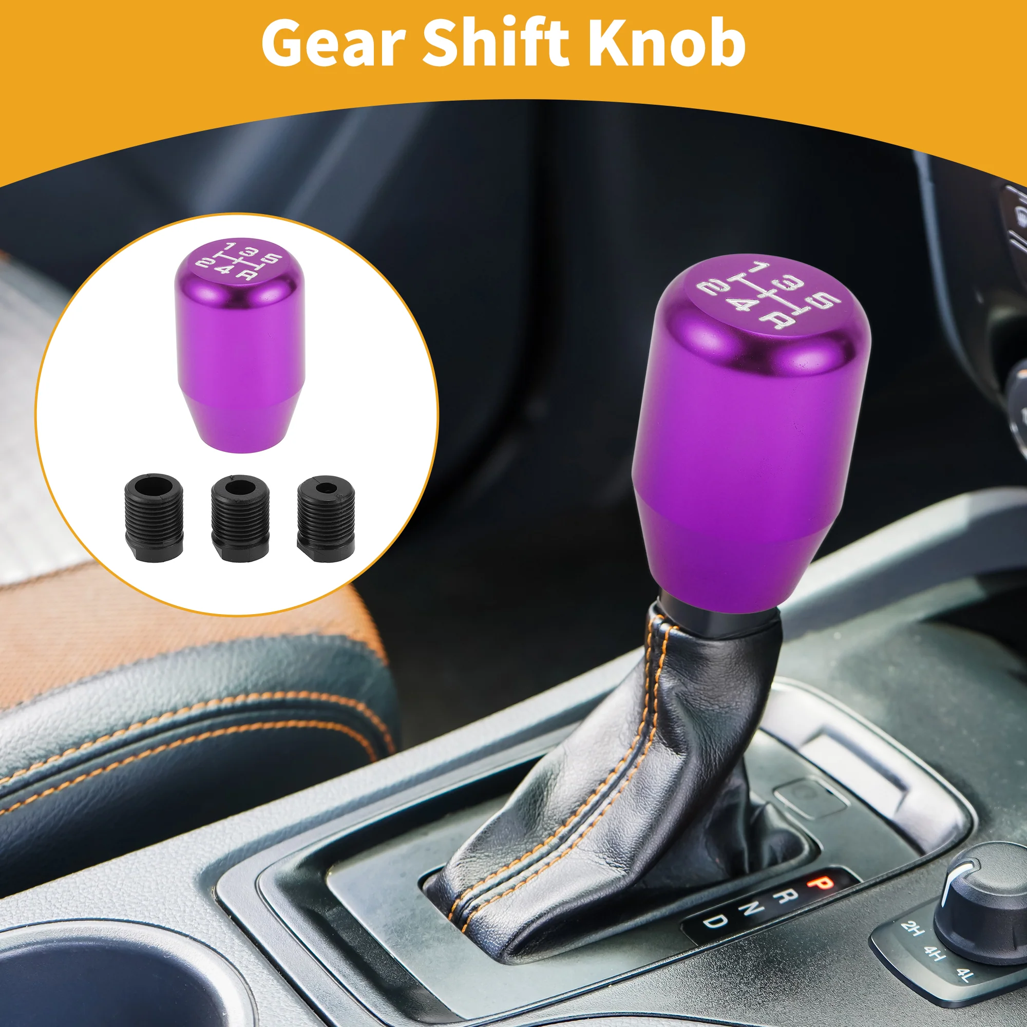 6cm 5 Speed Manual Shift Knob with 3 Adapter Aluminum Alloy Purple White 1 Set - Image 2