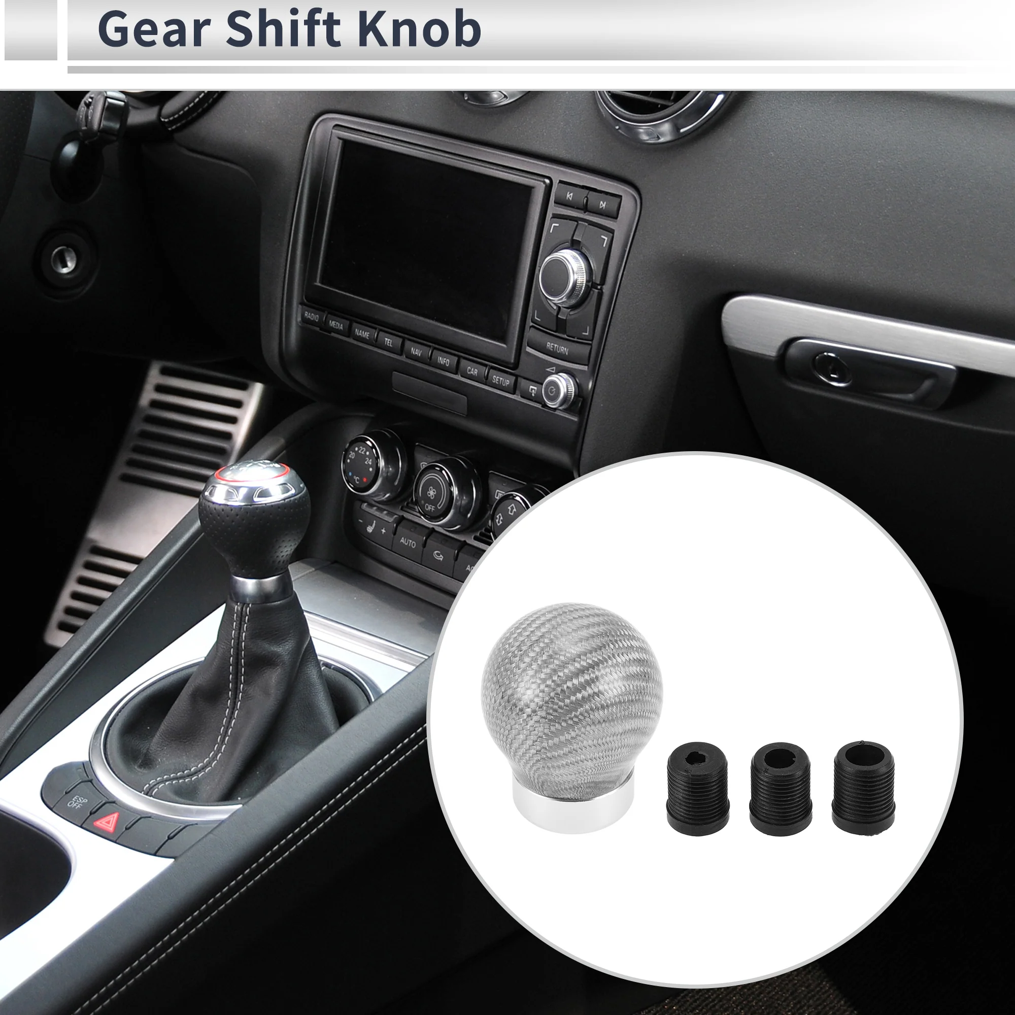 Round Ball Gear Shift Knob Carbon Fiber Stick Shifter Lever Knob for Automatic and Manual Vehicle with 3 Adapter Silver Tone 1 Set - Image 2