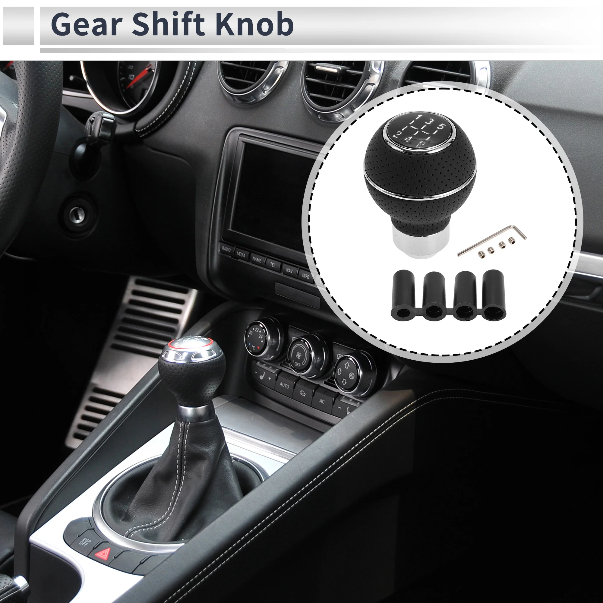 Round Ball Shift Knob Gear Shifter Knob Aluminum Alloy 5 Speed Manual Transmission Vehicle with 4 Adapter Black Silver Tone 1 Set - Image 3