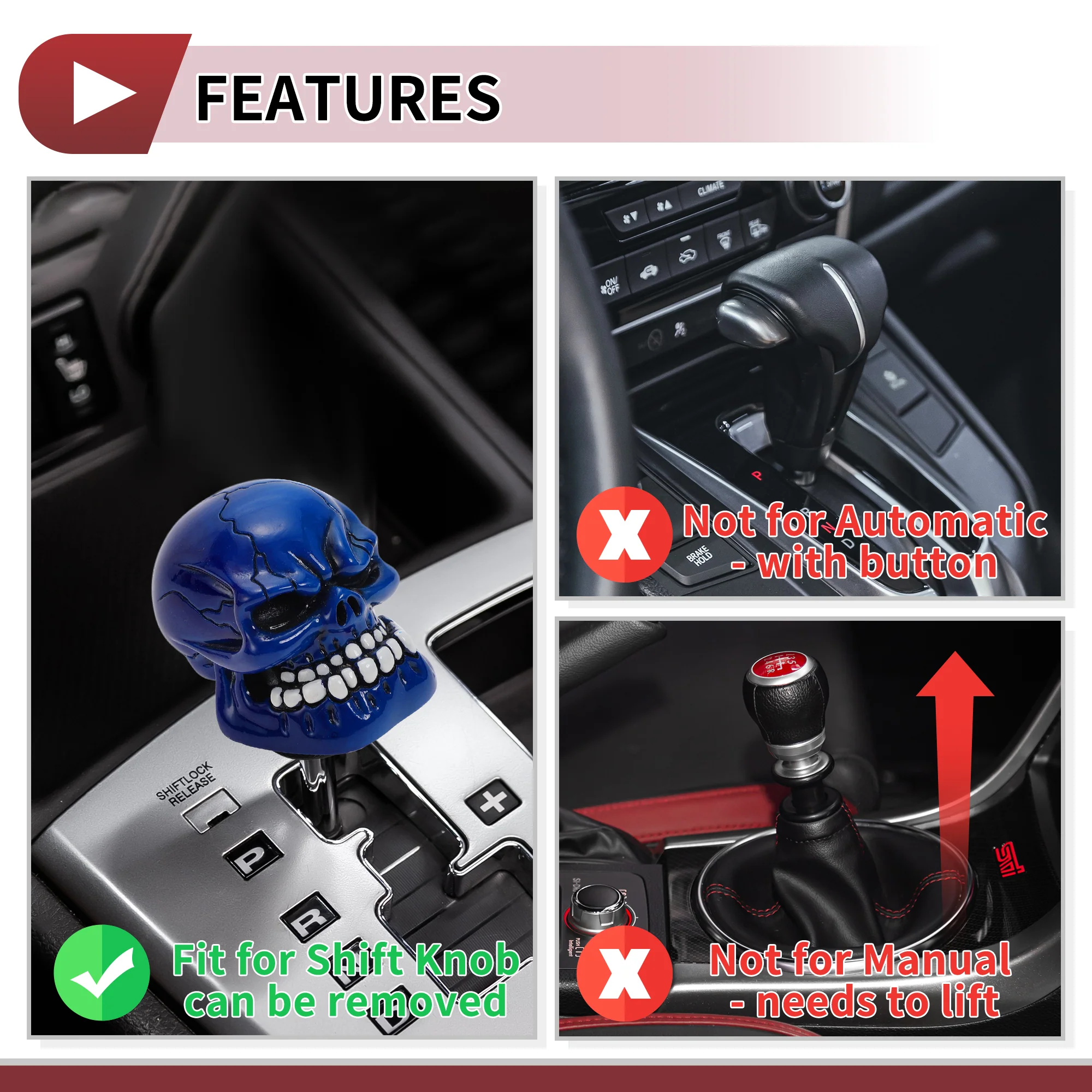 7cm Skull Shift Knob Universal Gear Shifter Knob Resin Stick Shifter Lever Knob for Automatic and Manual Vehicle with 3 Adapter Blue 1 Set - Image 7