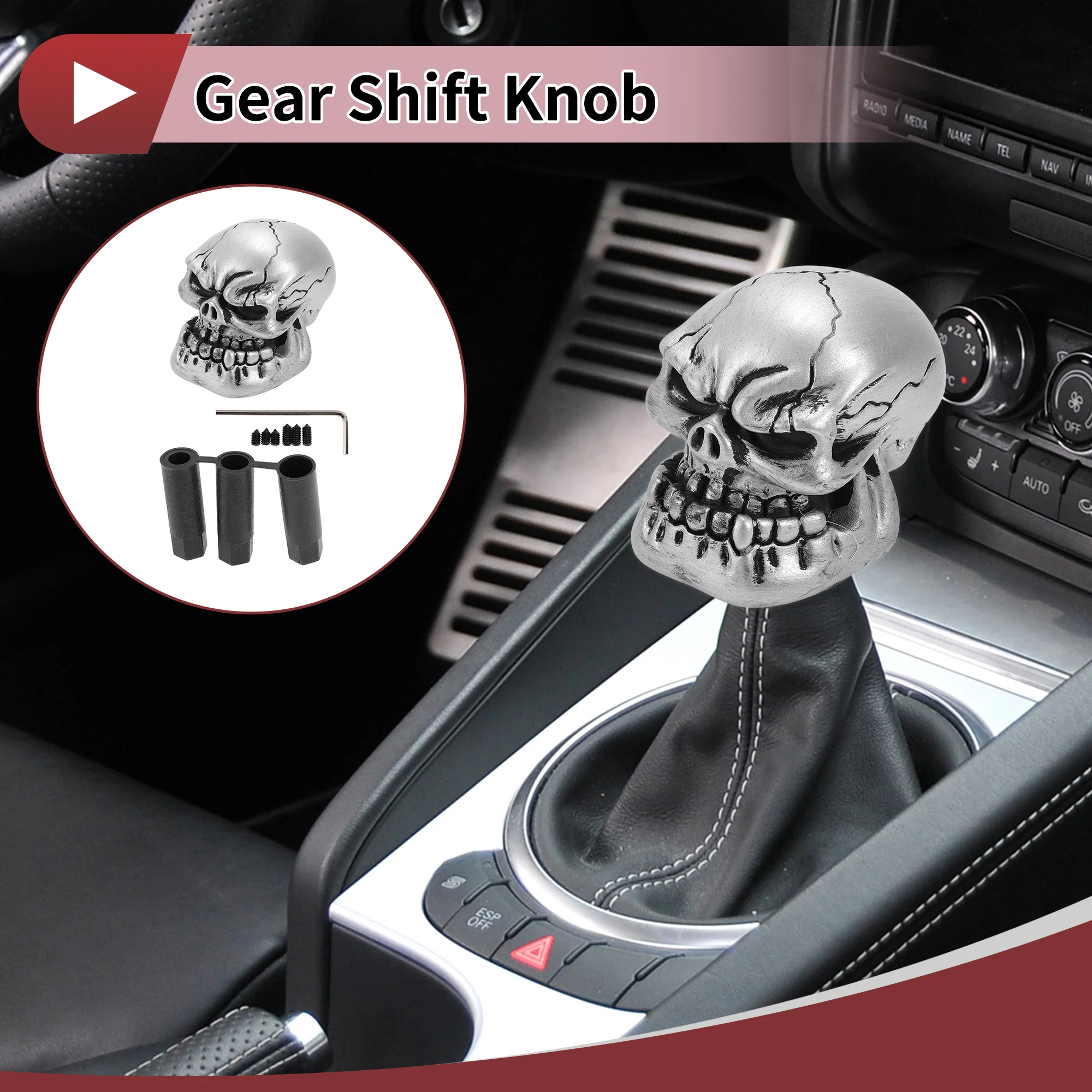 7cm Skull Shift Knob Universal Gear Shifter Knob Resin Stick Shifter Lever Knob for Automatic and Manual Vehicle with 3 Adapter Silver Tone 1 Set - Image 3