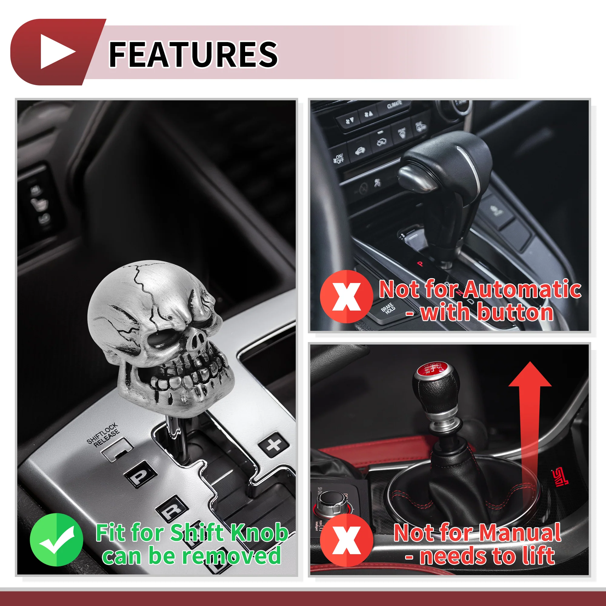 7cm Skull Shift Knob Universal Gear Shifter Knob Resin Stick Shifter Lever Knob for Automatic and Manual Vehicle with 3 Adapter Silver Tone 1 Set - Image 7