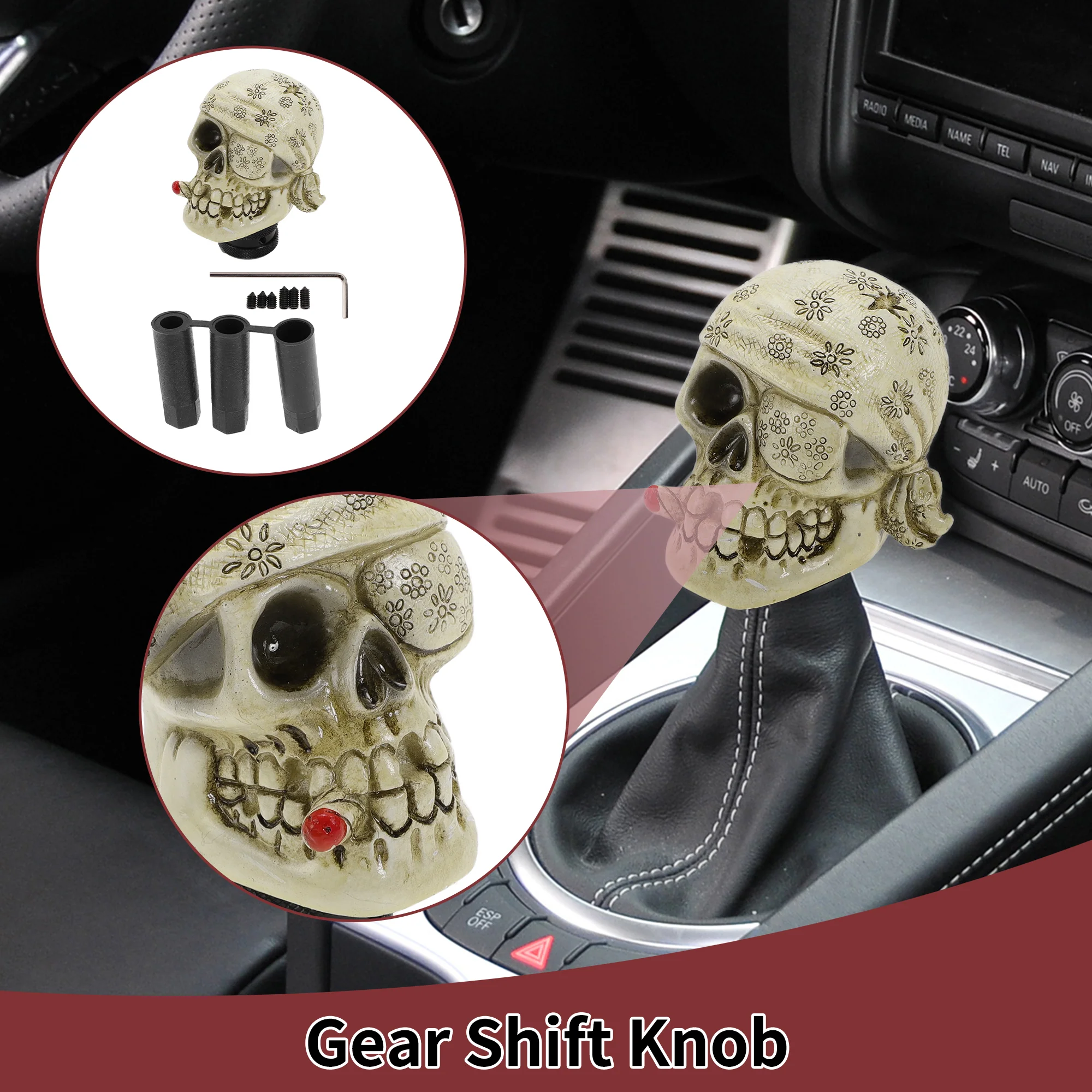 8.1cm Skull Shift Knob Universal Gear Shifter Knob Resin Stick Shifter Lever Knob for Automatic and Manual Vehicle with 3 Adapter Yellow 1 Set - Image 2