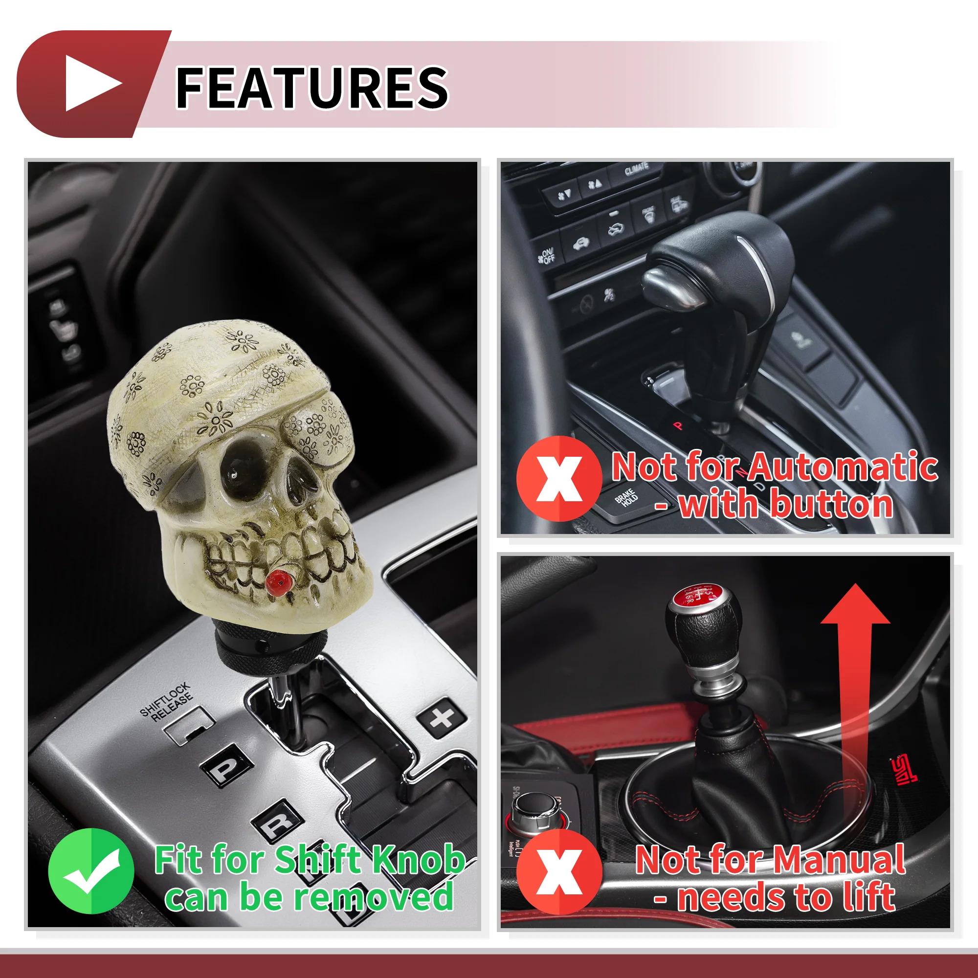 8.1cm Skull Shift Knob Universal Gear Shifter Knob Resin Stick Shifter Lever Knob for Automatic and Manual Vehicle with 3 Adapter Yellow 1 Set - Image 7