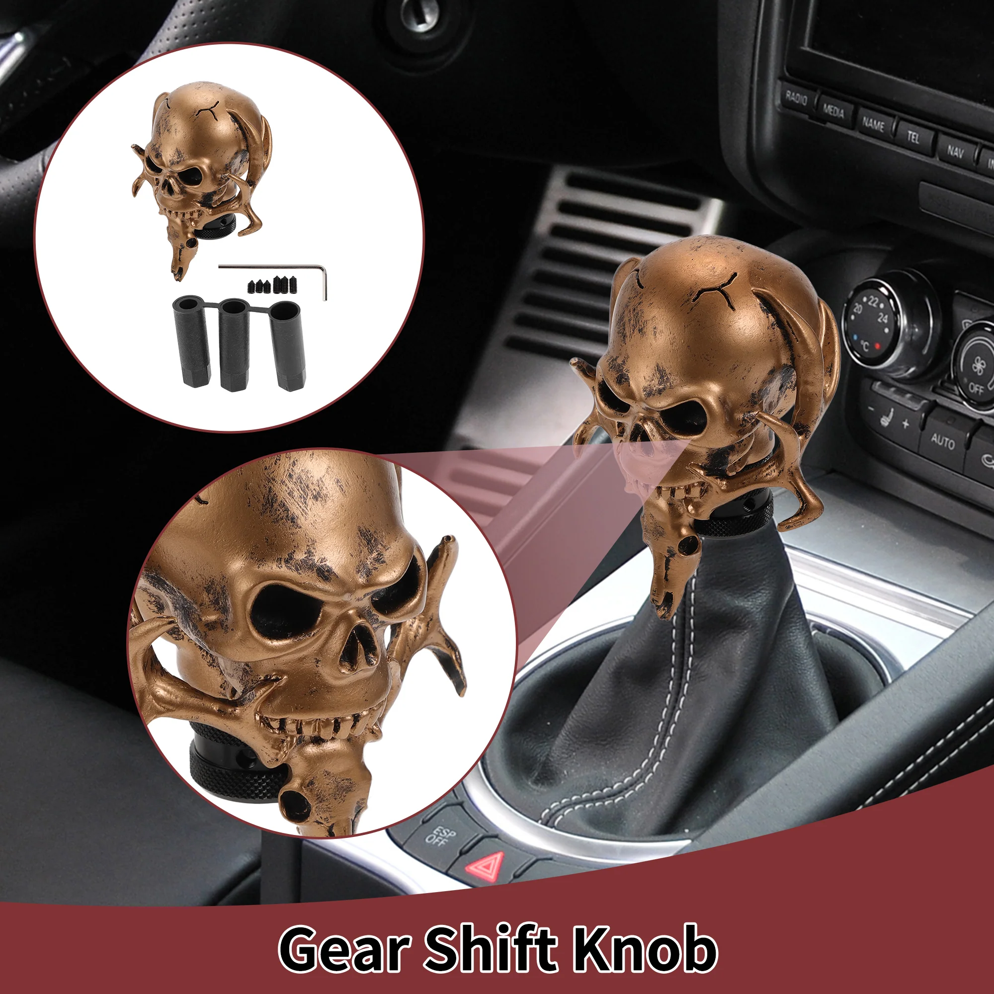 10cm Skull Shift Knob Universal Gear Shifter Knob Resin Stick Shifter Lever Knob for Automatic and Manual Vehicle with 3 Adapter Copper Tone 1 Set - Image 2