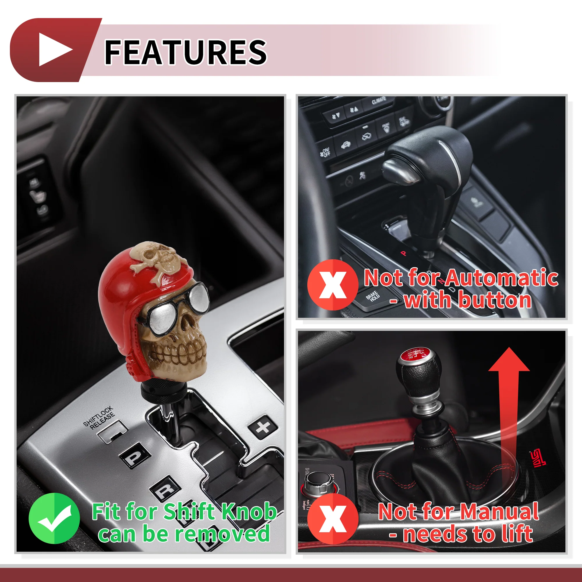 9.2cm Skull Shift Knob Universal Gear Shifter Knob Resin Stick Shifter Lever Knob for Automatic and Manual Vehicle with 3 Adapter Red 1 Set - Image 7