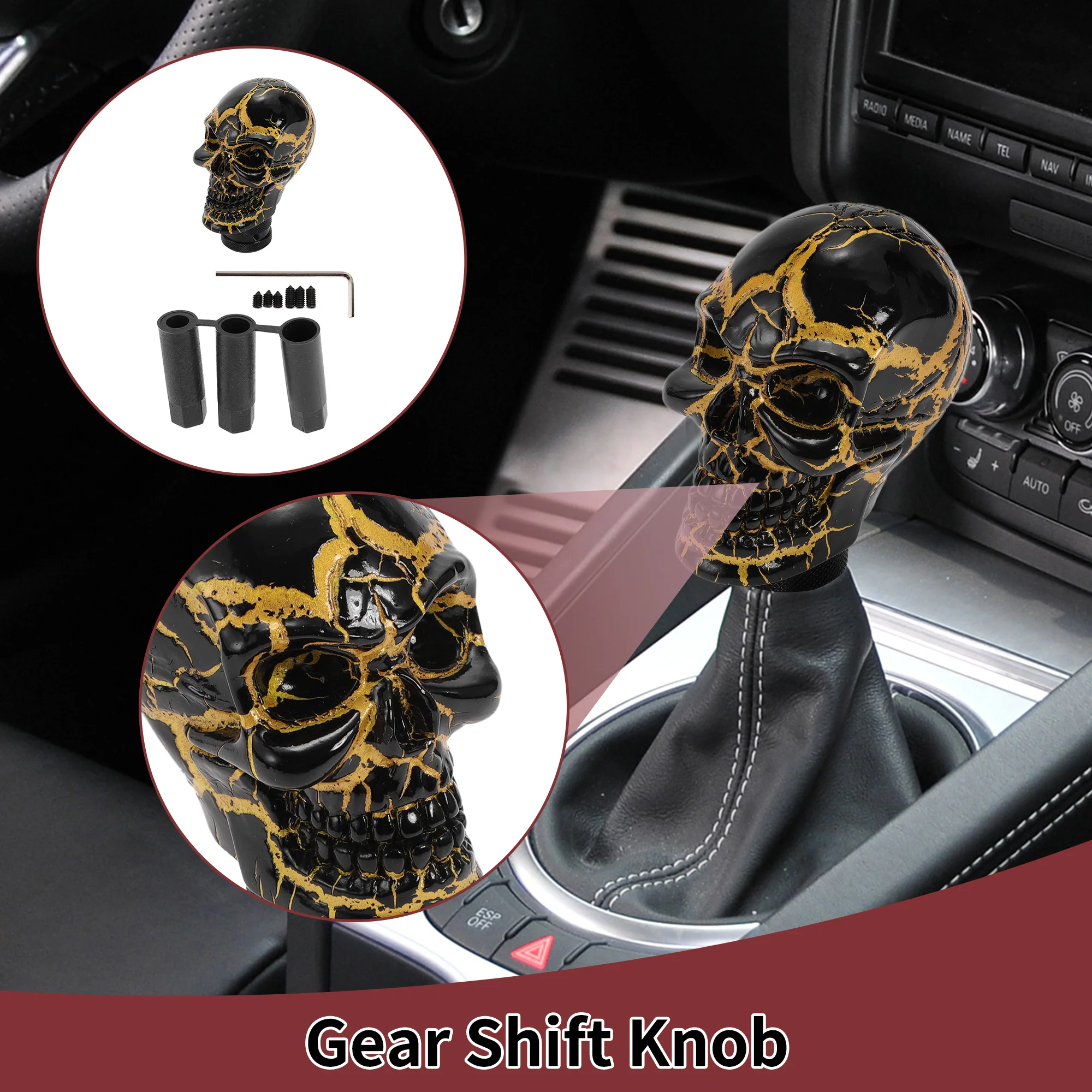8.7cm Skull Shift Knob Universal Gear Shifter Knob Resin Stick Shifter Lever Knob for Automatic and Manual Vehicle with 3 Adapter Black Yellow 1 Set - Image 2