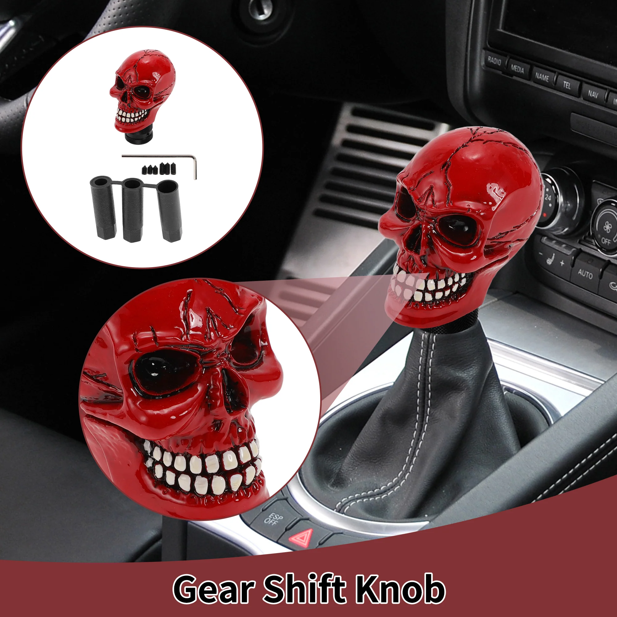 8.7cm Skull Shift Knob Universal Gear Shifter Knob Resin Stick Shifter Lever Knob for Automatic and Manual Vehicle with 3 Adapter Red 1 Set - Image 2