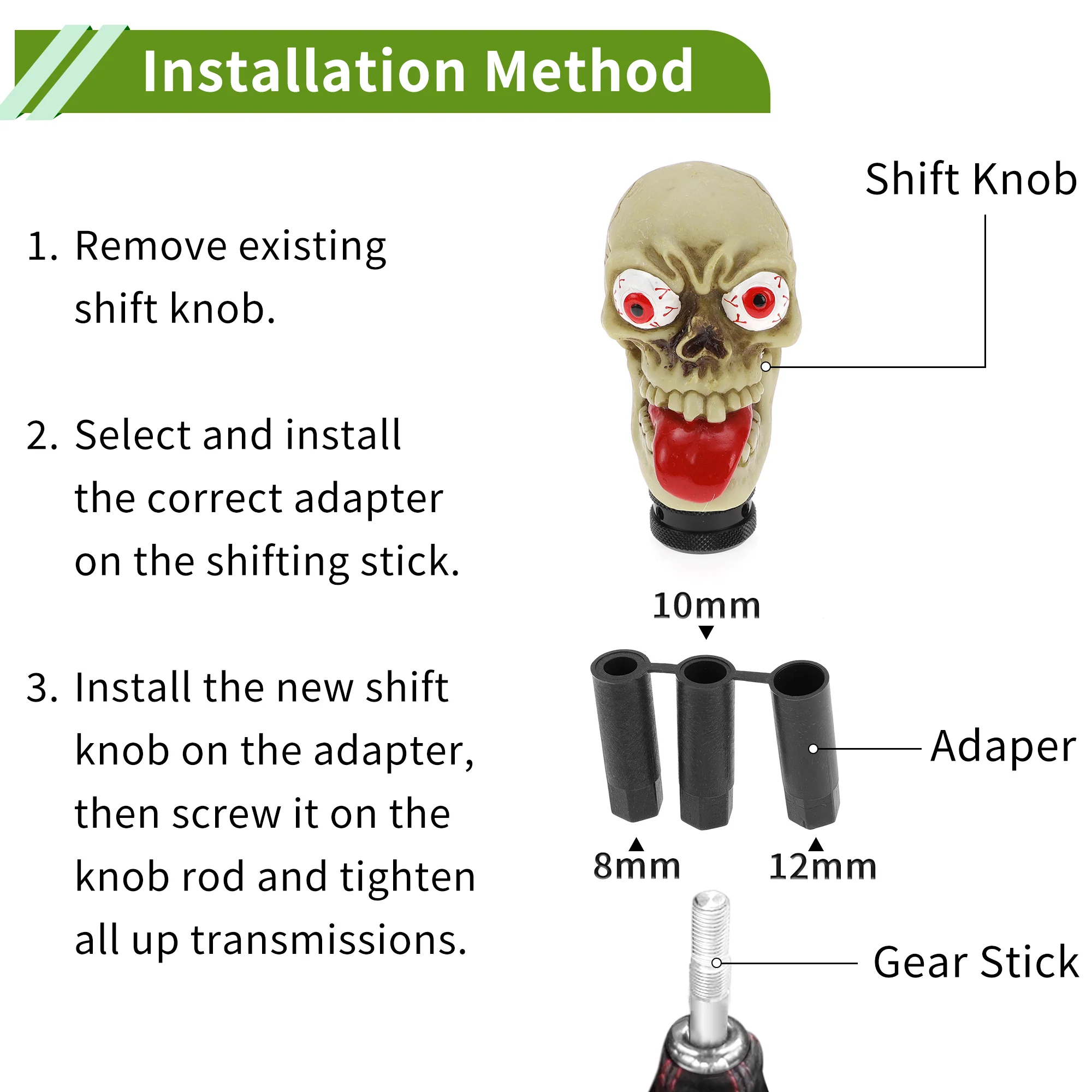 9.5cm Skull Shift Knob Universal Gear Shifter Knob Resin Stick Shifter Lever Knob for Automatic and Manual Vehicle with 3 Adapter Beige 1 Set - Image 7