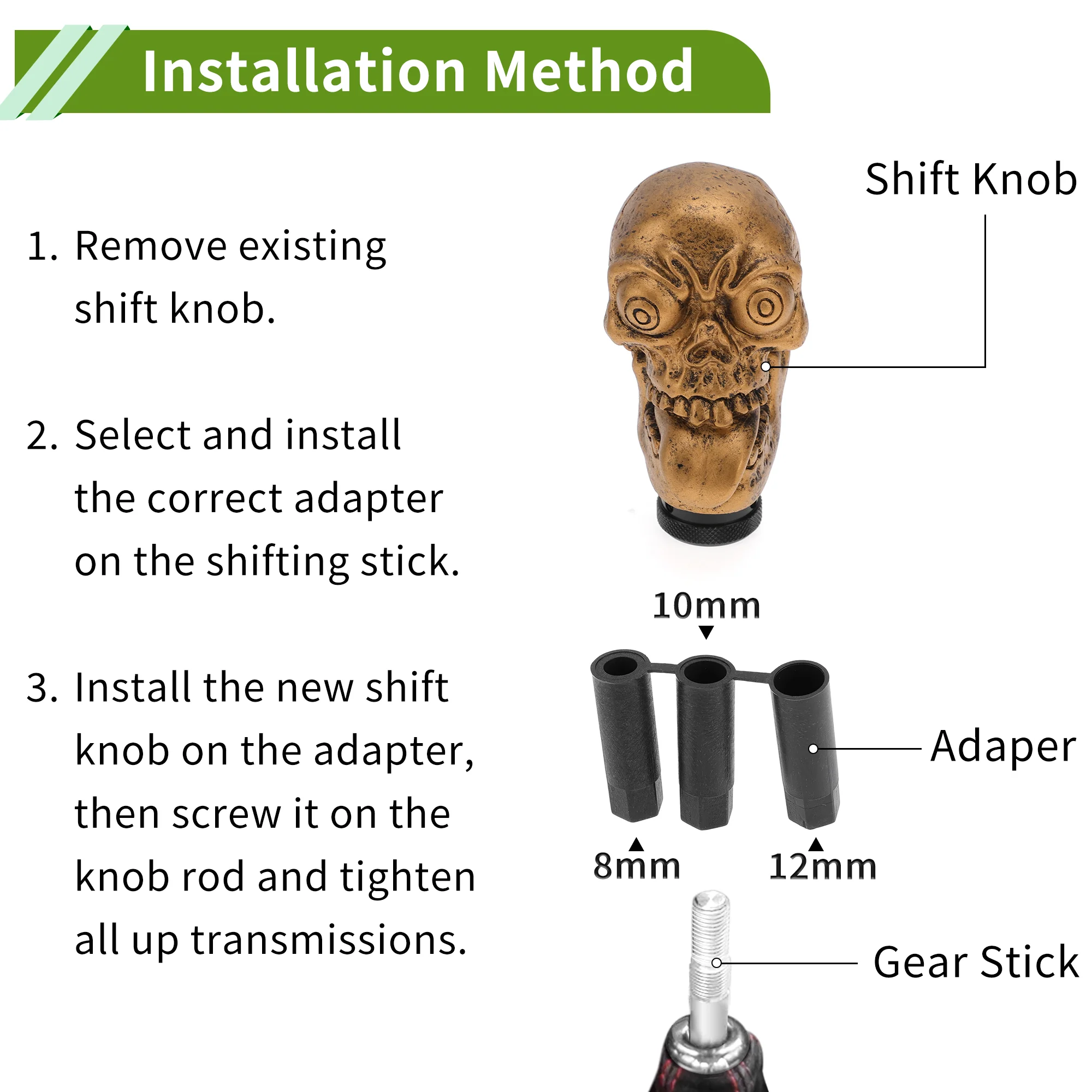 9.5cm Skull Shift Knob Universal Gear Shift Knob Resin Stick Shifter Lever Knob for Automatic and Manual Vehicle with 3 Adapter Copper Tone 1 Set - Image 7