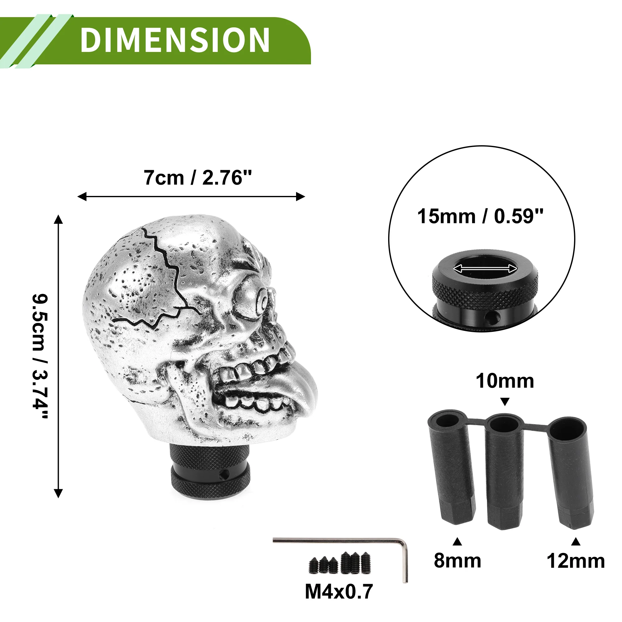 9.5cm Skull Shift Knob Universal Gear Shifter Knob Resin Stick Shifter Lever Knob for Automatic and Manual Vehicle with 3 Adapter Silver Tone 1 Set - Image 5
