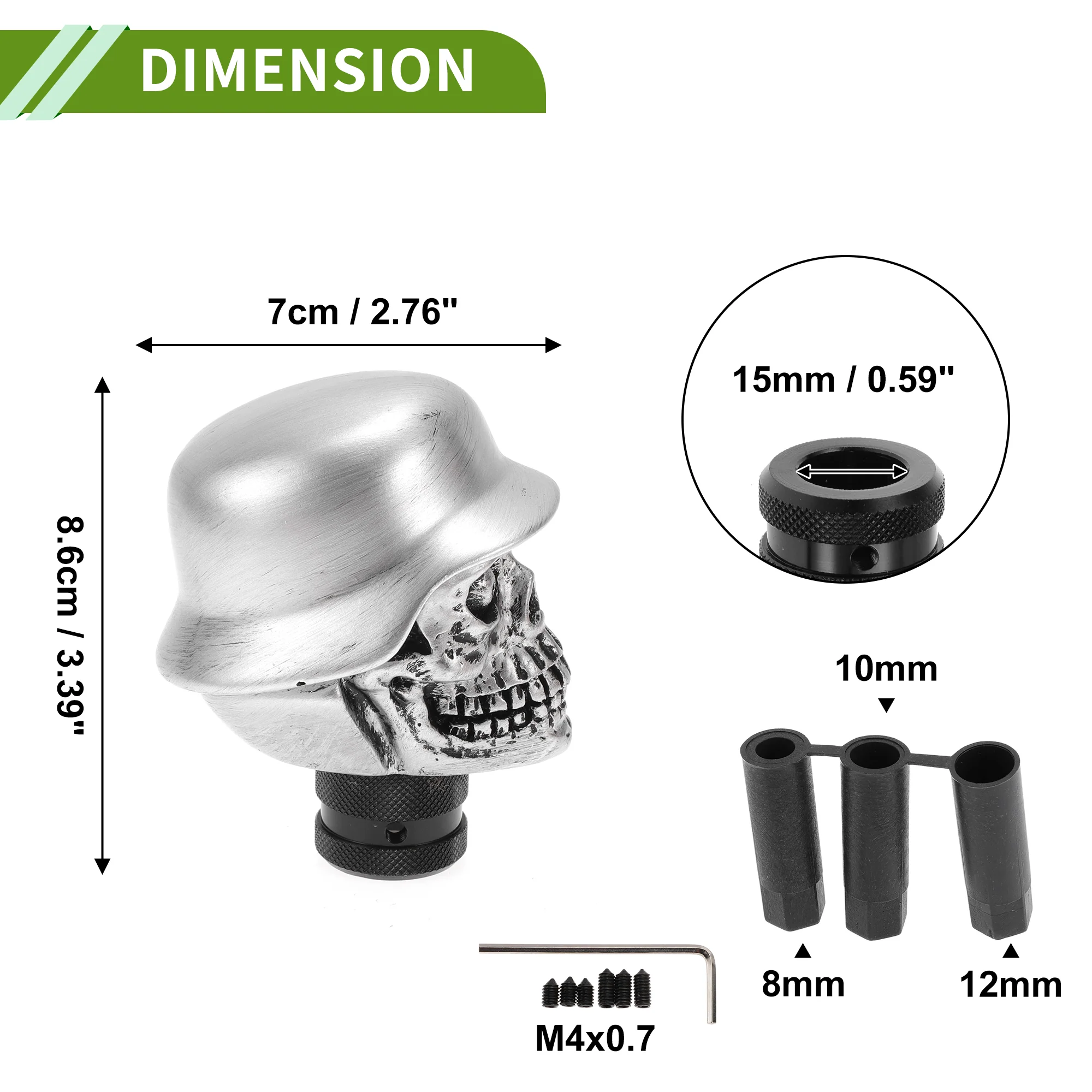 8.6cm Skull Shift Knob Universal Gear Shifter Knob Resin Stick Shifter Lever Knob for Automatic and Manual Vehicle with 3 Adapter Silver Tone 1 Set - Image 5