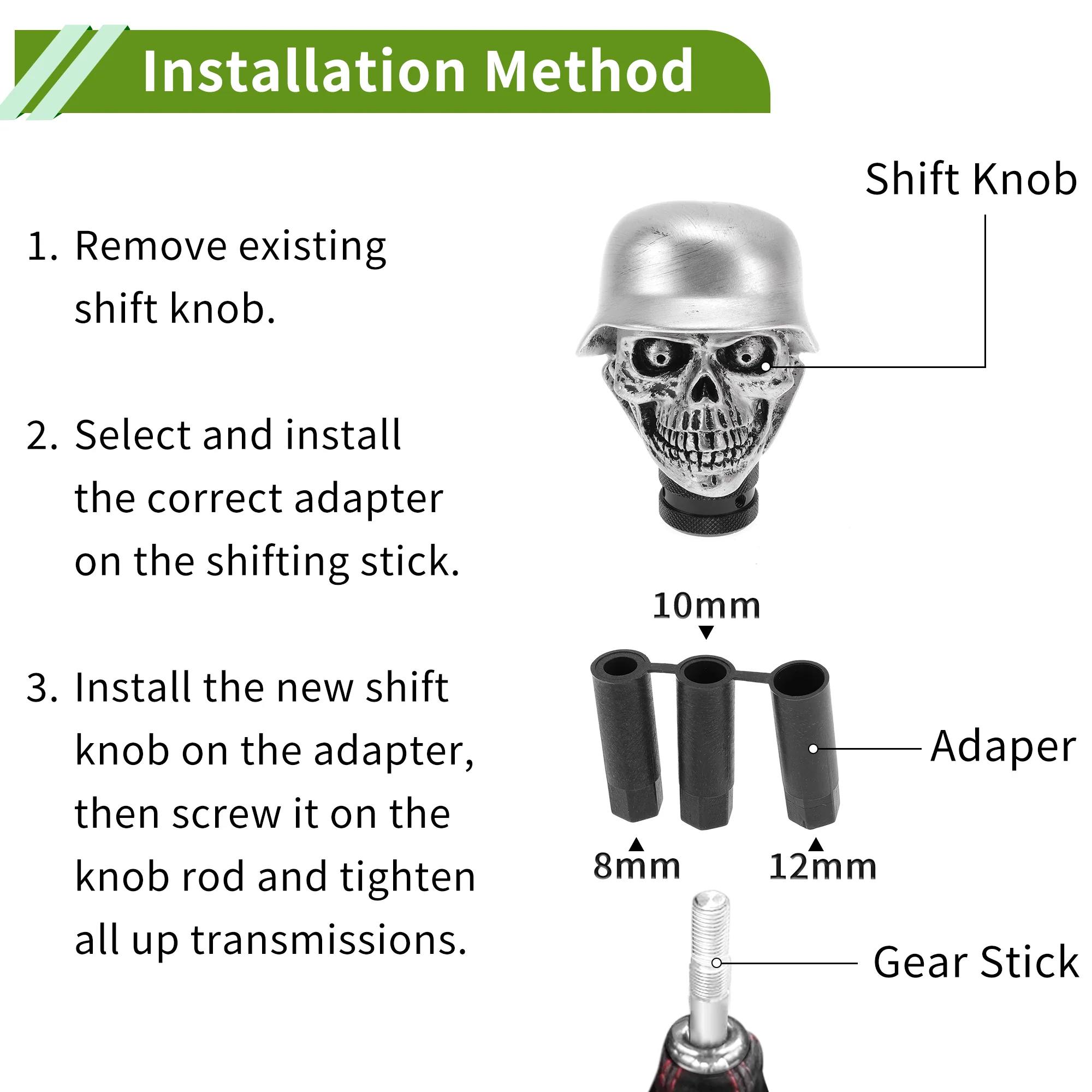 8.6cm Skull Shift Knob Universal Gear Shifter Knob Resin Stick Shifter Lever Knob for Automatic and Manual Vehicle with 3 Adapter Silver Tone 1 Set - Image 7