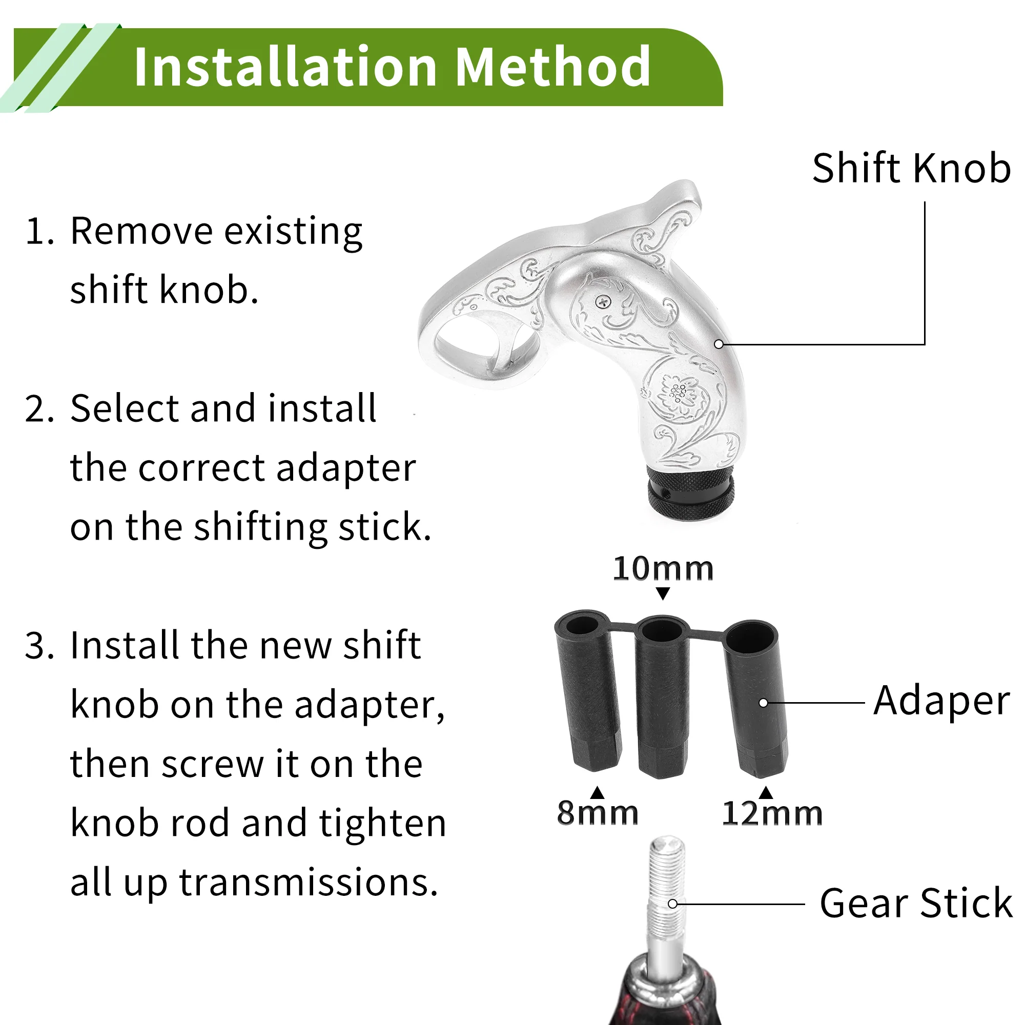 10.8cm Shift Knob Universal Gear Shifter Knob Resin Stick Shifter Lever Knob for Automatic and Manual Vehicle with 3 Adapter Silver Tone 1 Set - Image 7